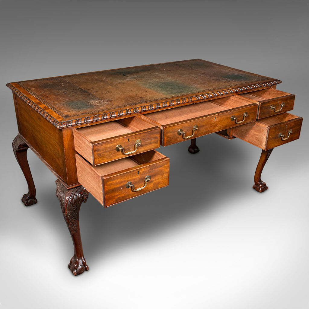 Antique Clerk's Desk, English, Leather, Partner, Home Office, Edwardian, C.1910 photo furniture