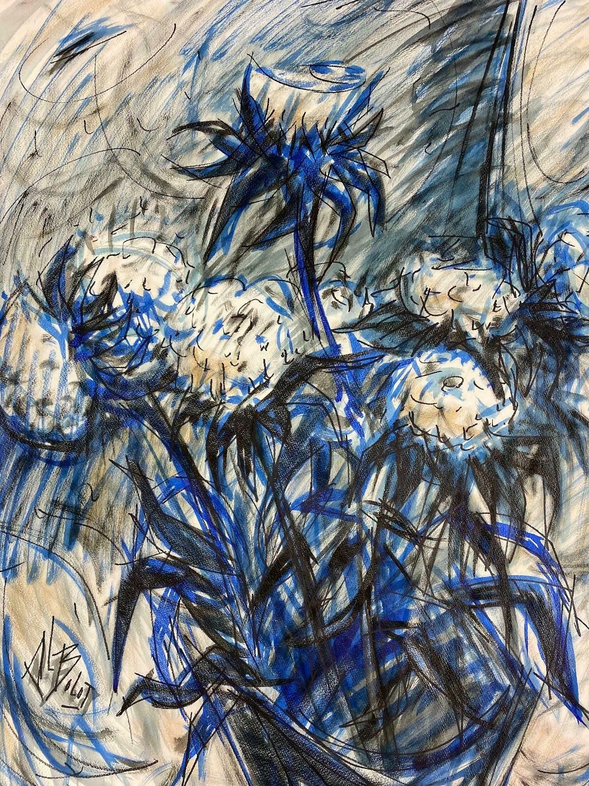 Paul Louis Bolot (French 1918 2003)french Painting Of Flowers Beside Windowsill In A Blue Gloomy Scene 20th Century (1973) photo furniture