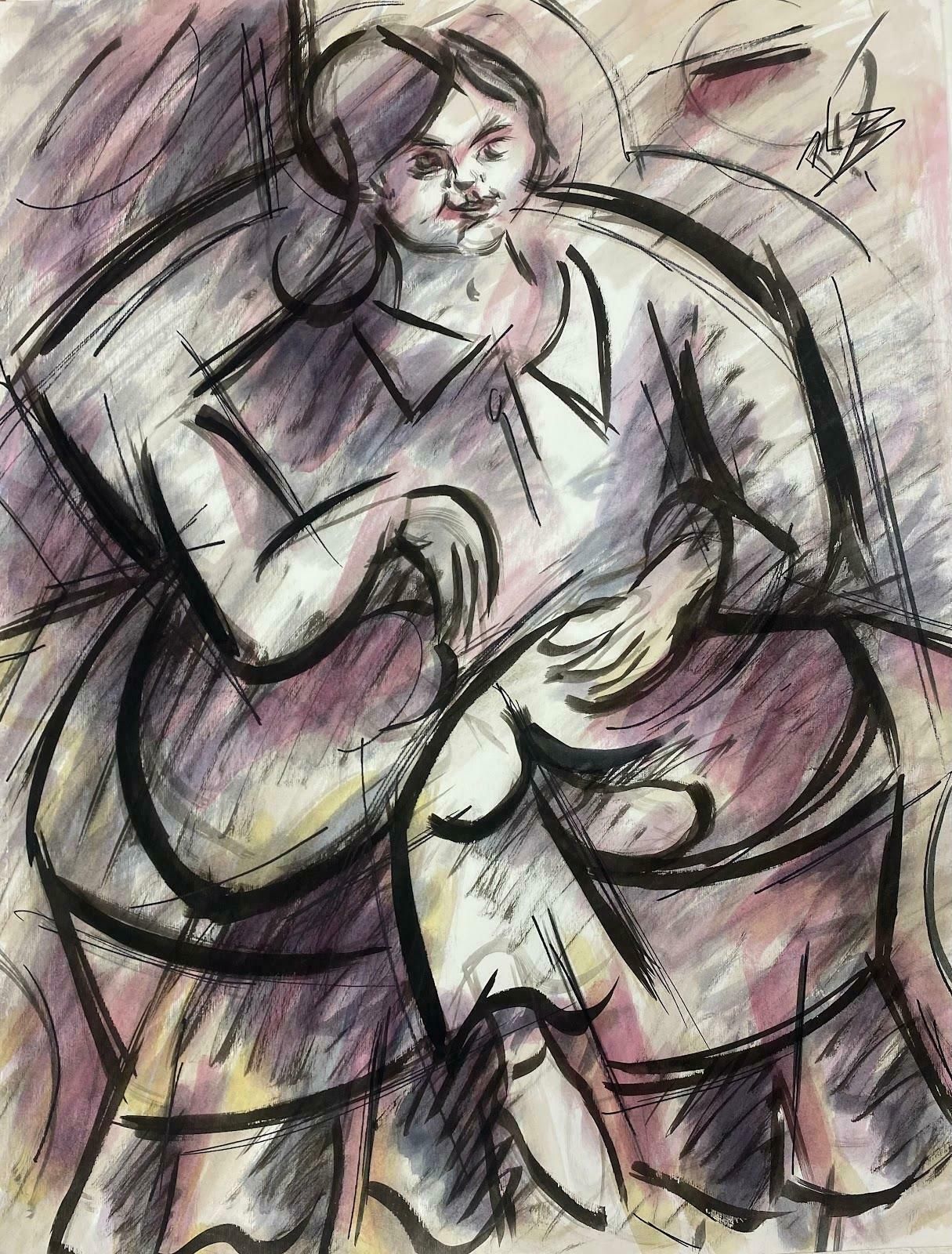 Paul Louis Bolot (French 1918 2003)20th Century French Modernist Purple And Black Portrait Of A Lady In Armchair 20th Century (1972)