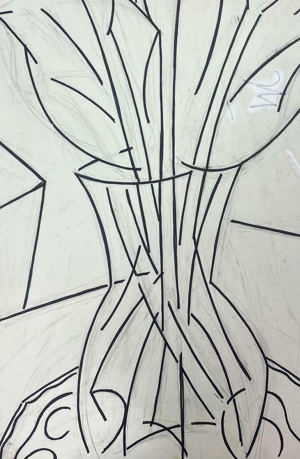 Paul Louis Bolot (French 1918 2003)French Modernist Goulash Painting Black And White Drawing Flowers In Vase 20th Century (1993) photo furniture
