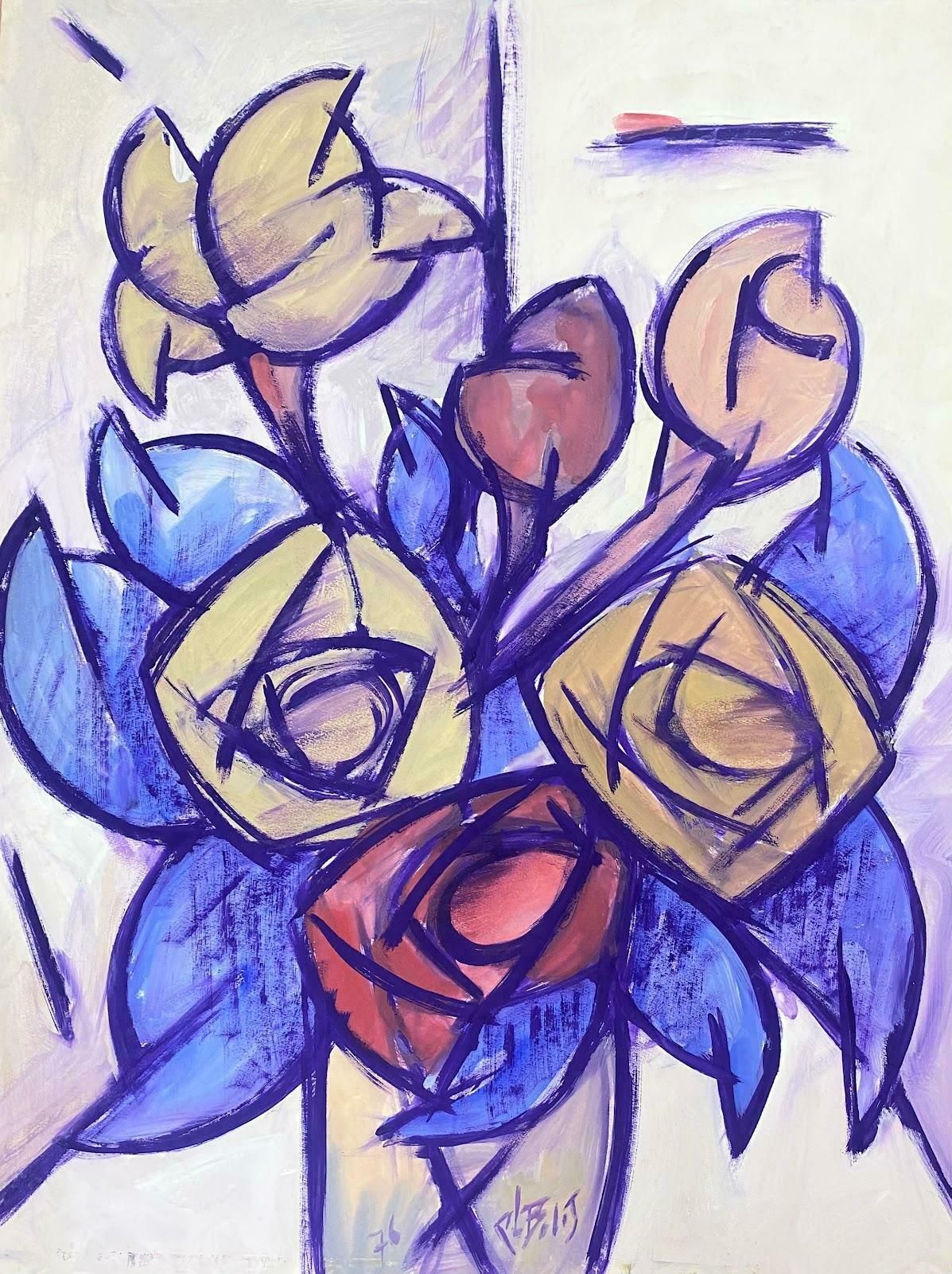 Unknownfrench Geometric Painting Of Purple Tulips In A Vase20th Century (1976) photo furniture
