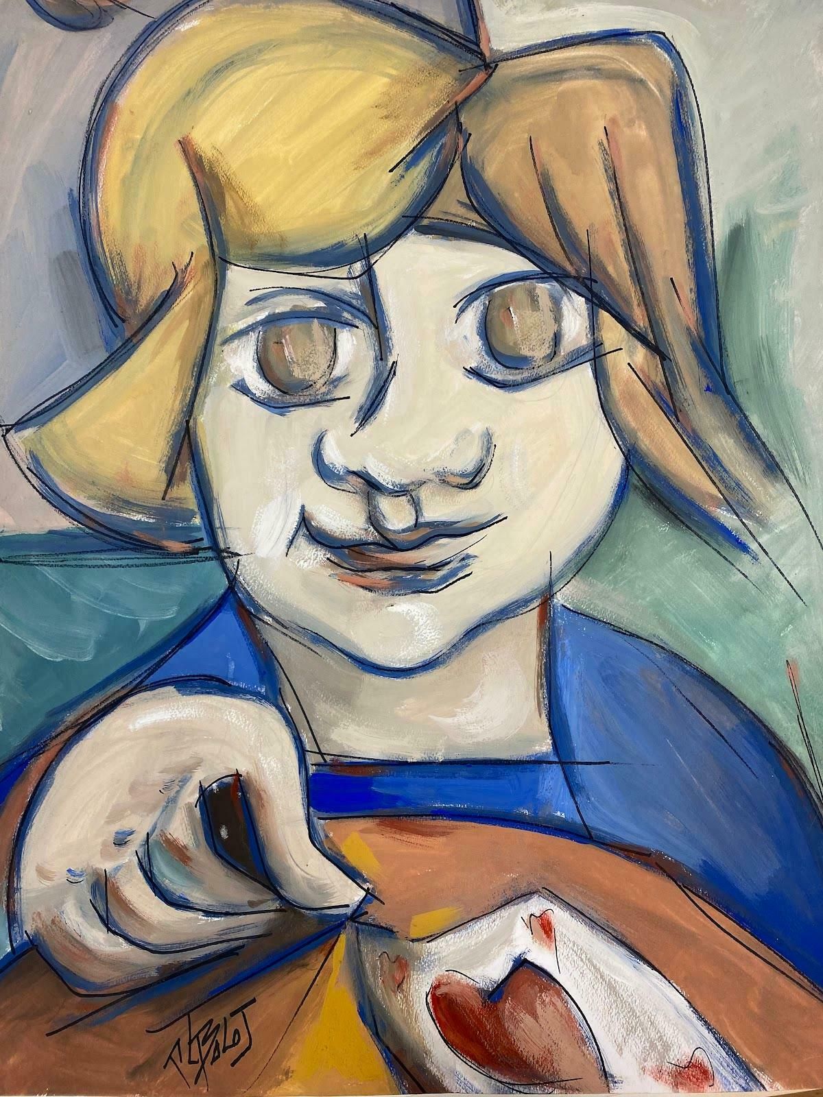 Paul Louis Bolot (French 1918 2003)French Modernist Portrait Painting Of A Young Girl Playing Cards20th Century (1971) photo furniture