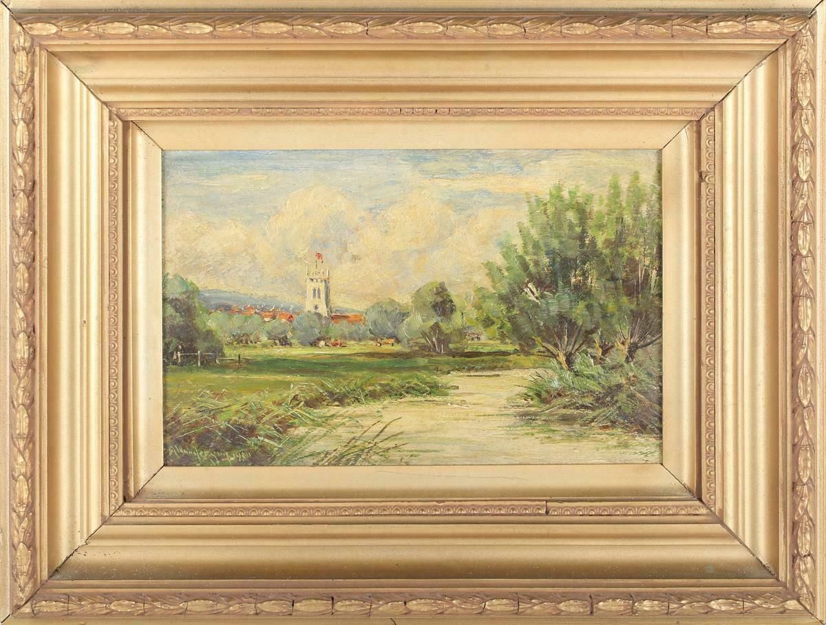 Farnham Church From The Meadows Antique English Signed Oil Painting photo furniture
