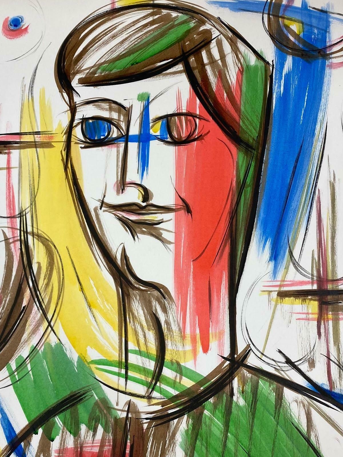 Paul Louis Bolot (French 1918 2003)french Modernist Gouache Painting Red, Blue, Green And Yellow Portrait20th Century (1969) photo furniture