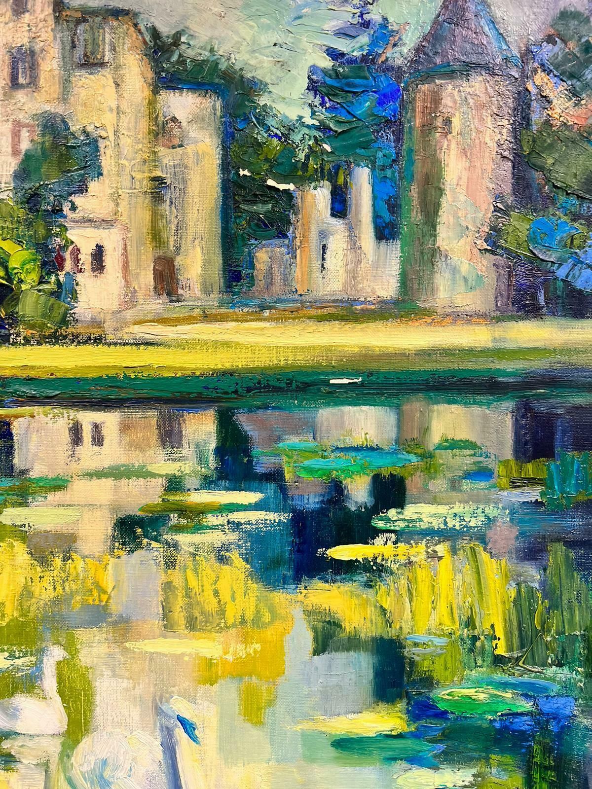 Josine Vignon20th Century French Post Impressionist Oil Swans On Lily Pond Chateau Lake1960's photo for sale