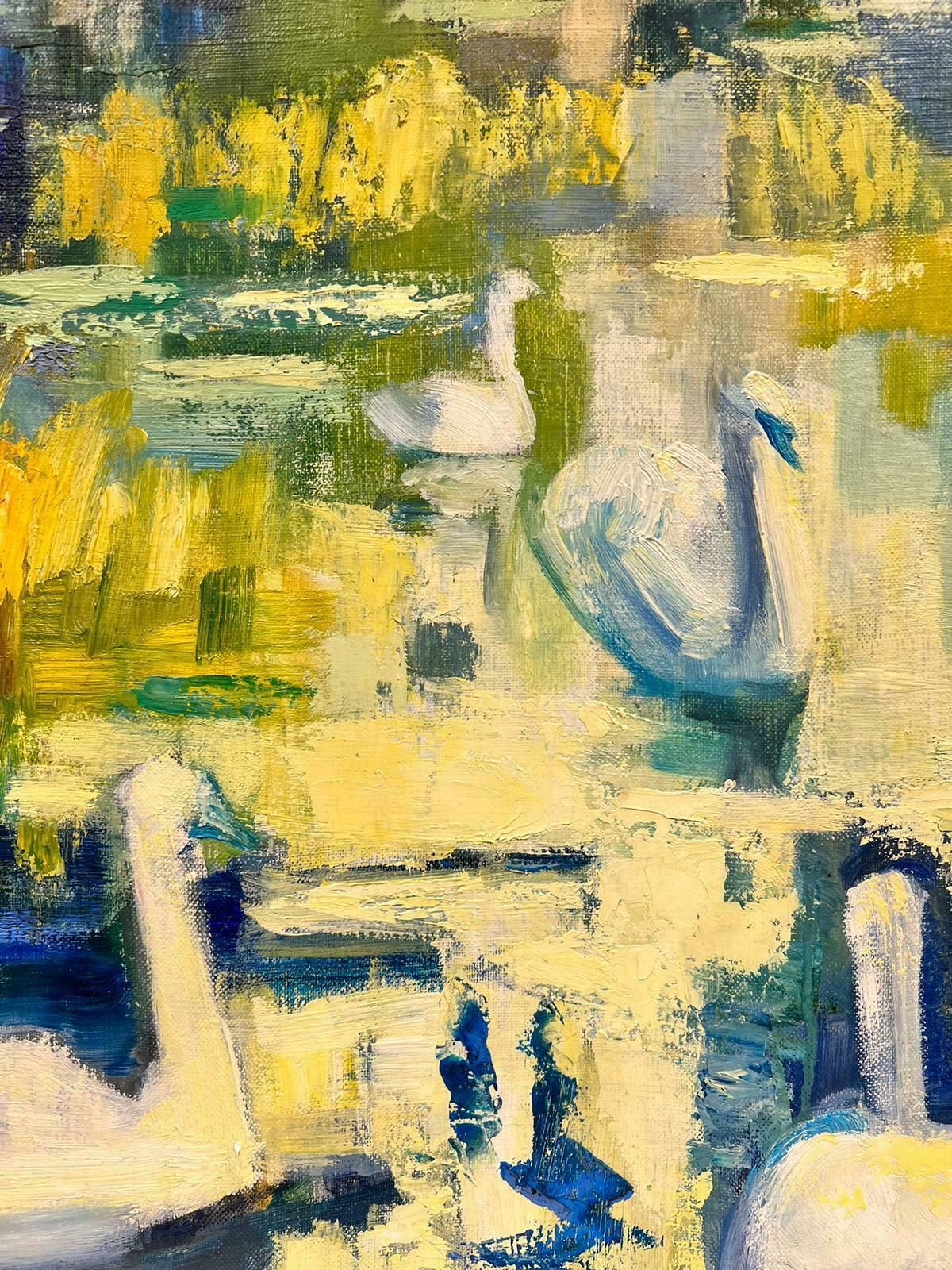 Josine Vignon20th Century French Post Impressionist Oil Swans On Lily Pond Chateau Lake1960's photo Art