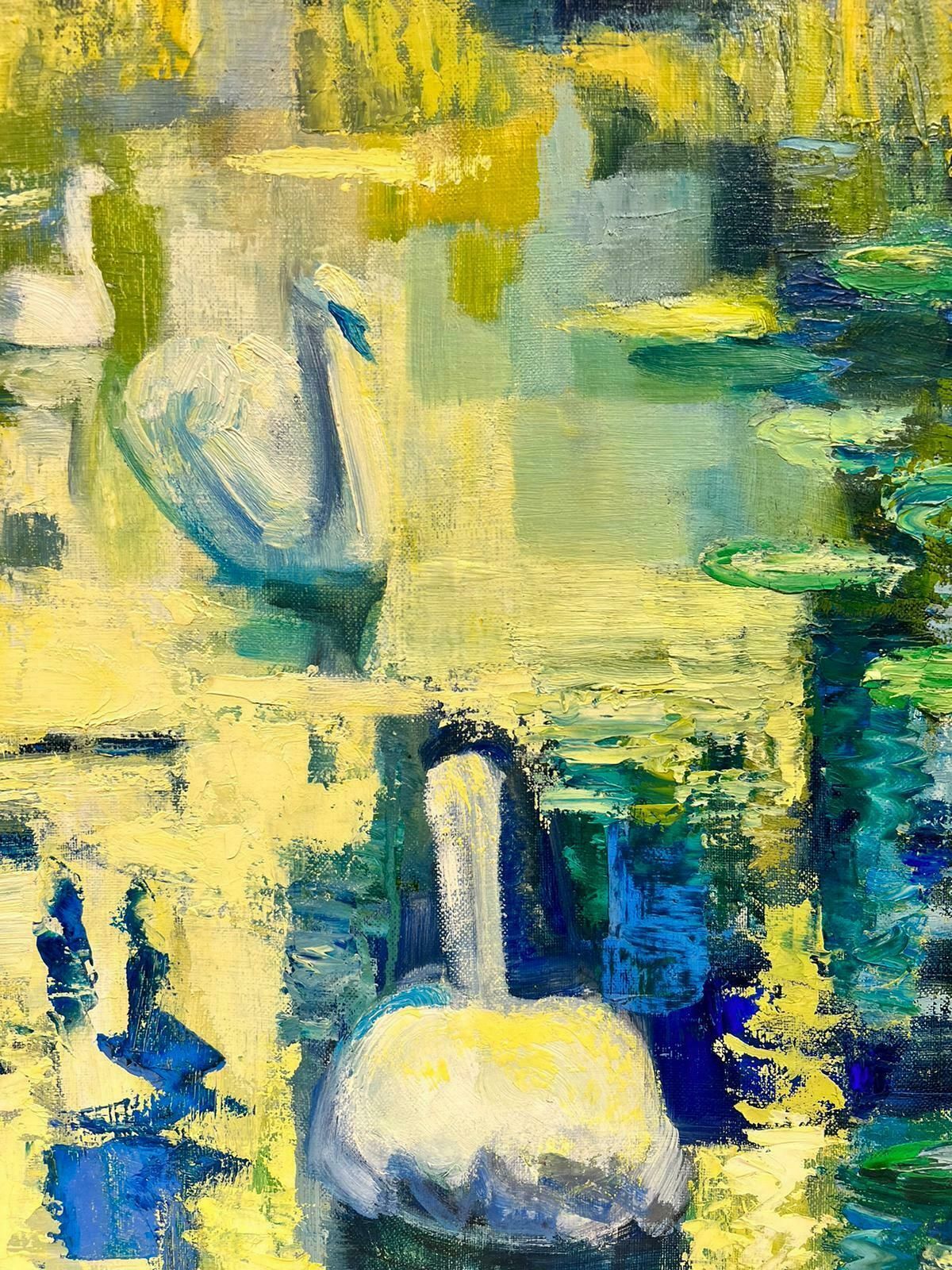 Josine Vignon20th Century French Post Impressionist Oil Swans On Lily Pond Chateau Lake1960's photo 1530.0