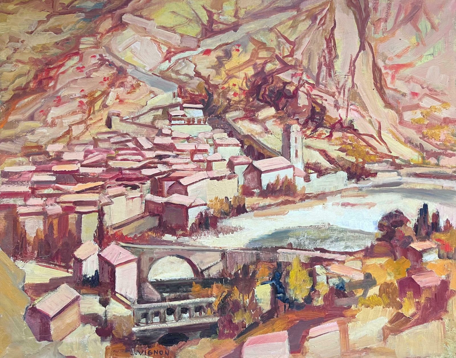 Josine Vignonlarge Mid 20th Century Post Impressionist Oil Mediterranean Hillside Village1960's