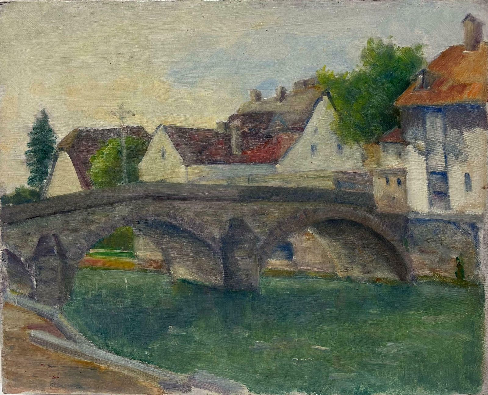 Regine Davidmid 20th Century 1950's French Oil Old French Town With Arched Stone Bridge1950's