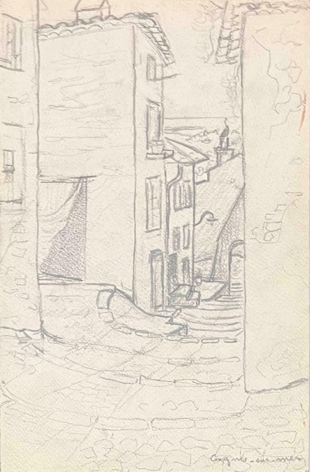 Josine Vignonmid Century French Pencil Drawings Of A Narrow Street In Cagnes Sur Mer1950's