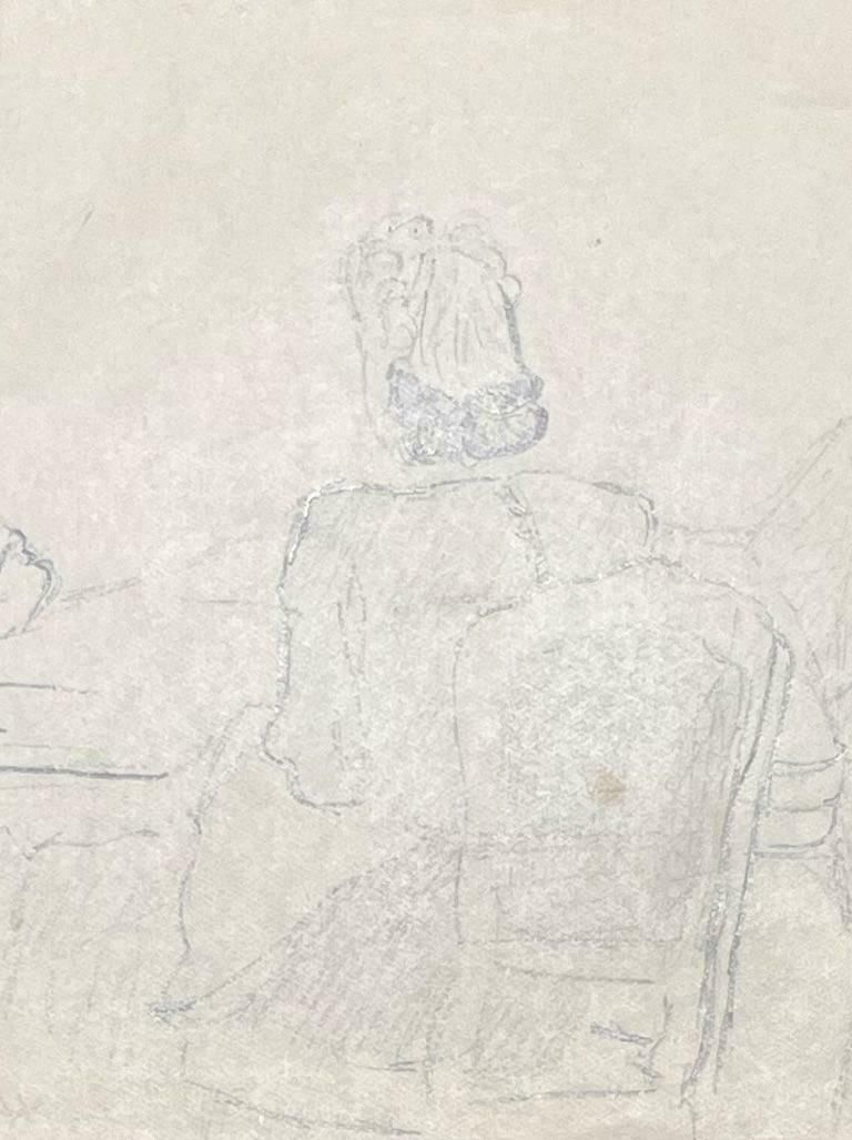 Josine Vignonmid Century French Elegant Pencil Drawing Of Three Figures In Conversation1950's photo Art