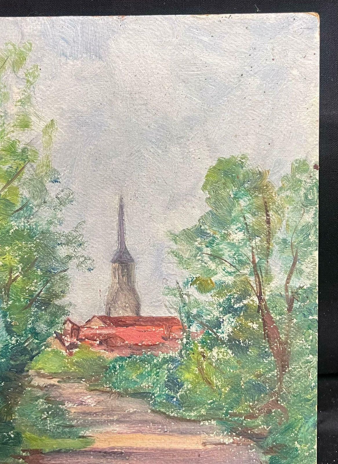Regine Davidmid 20th Century French Oil A Village Steeple Framed By Verdant Trees1950's photo for sale
