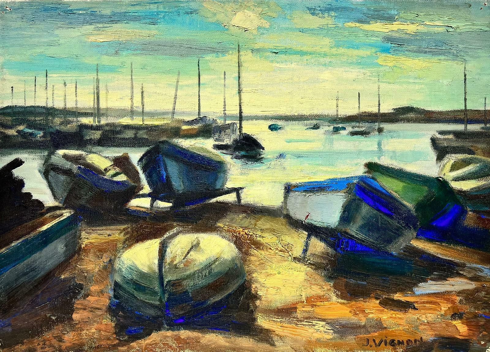 Josine Vignonfrench Post Impressionist Signed Oil Boats Beached & Moored Coastal Harbour Blue1960's