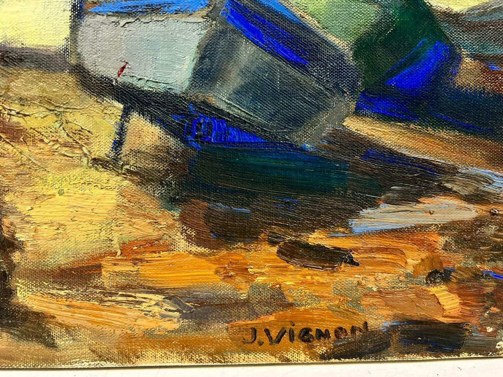 Josine Vignonfrench Post Impressionist Signed Oil Boats Beached & Moored Coastal Harbour Blue1960's photo for sale