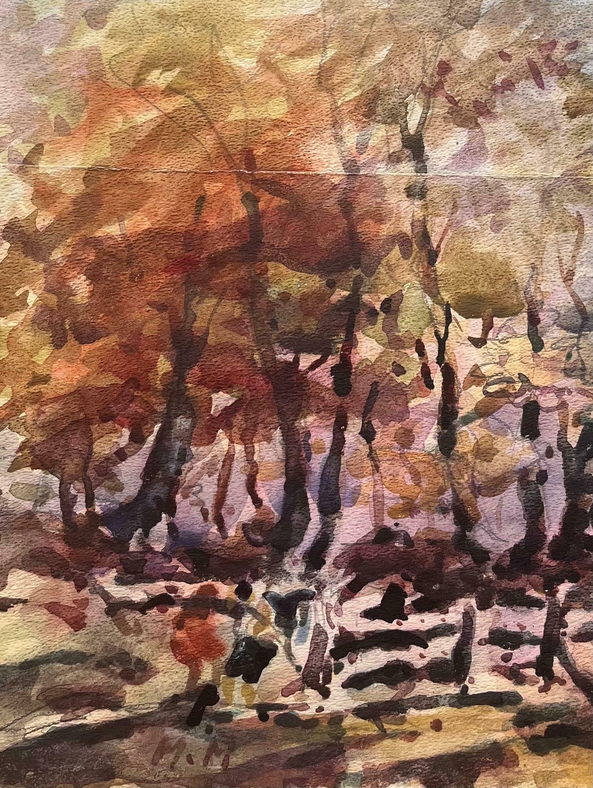 Maurice Mazeiliefrench Impressionist Watercolor Of Autumnal Woodland Scene20th Century photo for sale