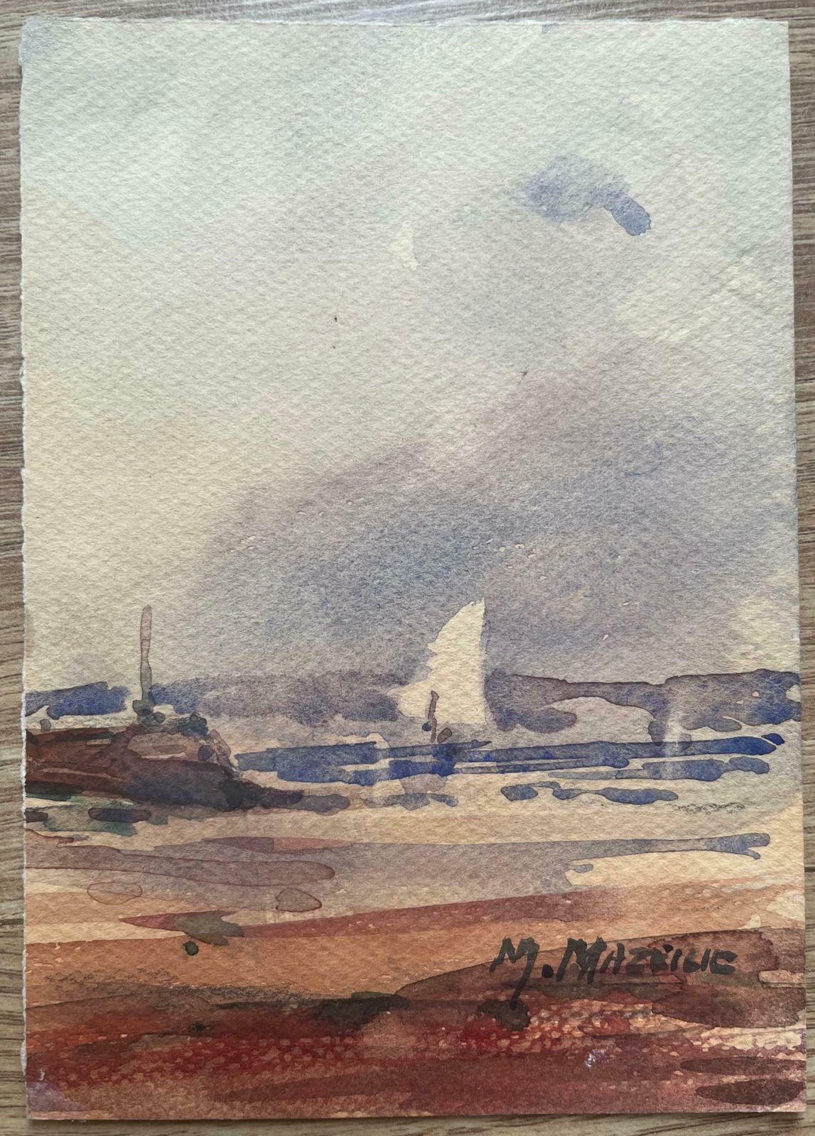 Maurice Mazeiliefrench Impressionist Watercolor Of Coastal Harbour Scene With Sailboat20th Century photo furniture
