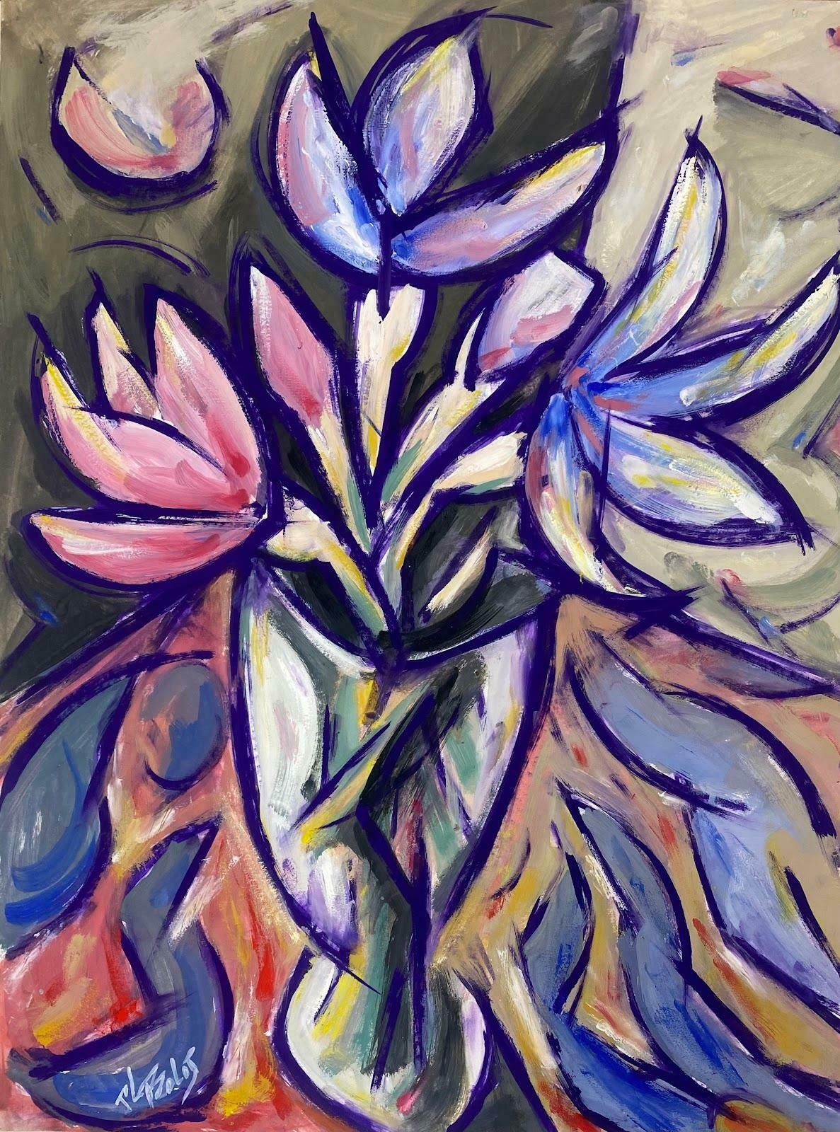 Paul Louis Bolot (French 1918 2003)french Modernist Painting Of Pink And Purple Tulips In Clear Glass Vase20th Century (1976)