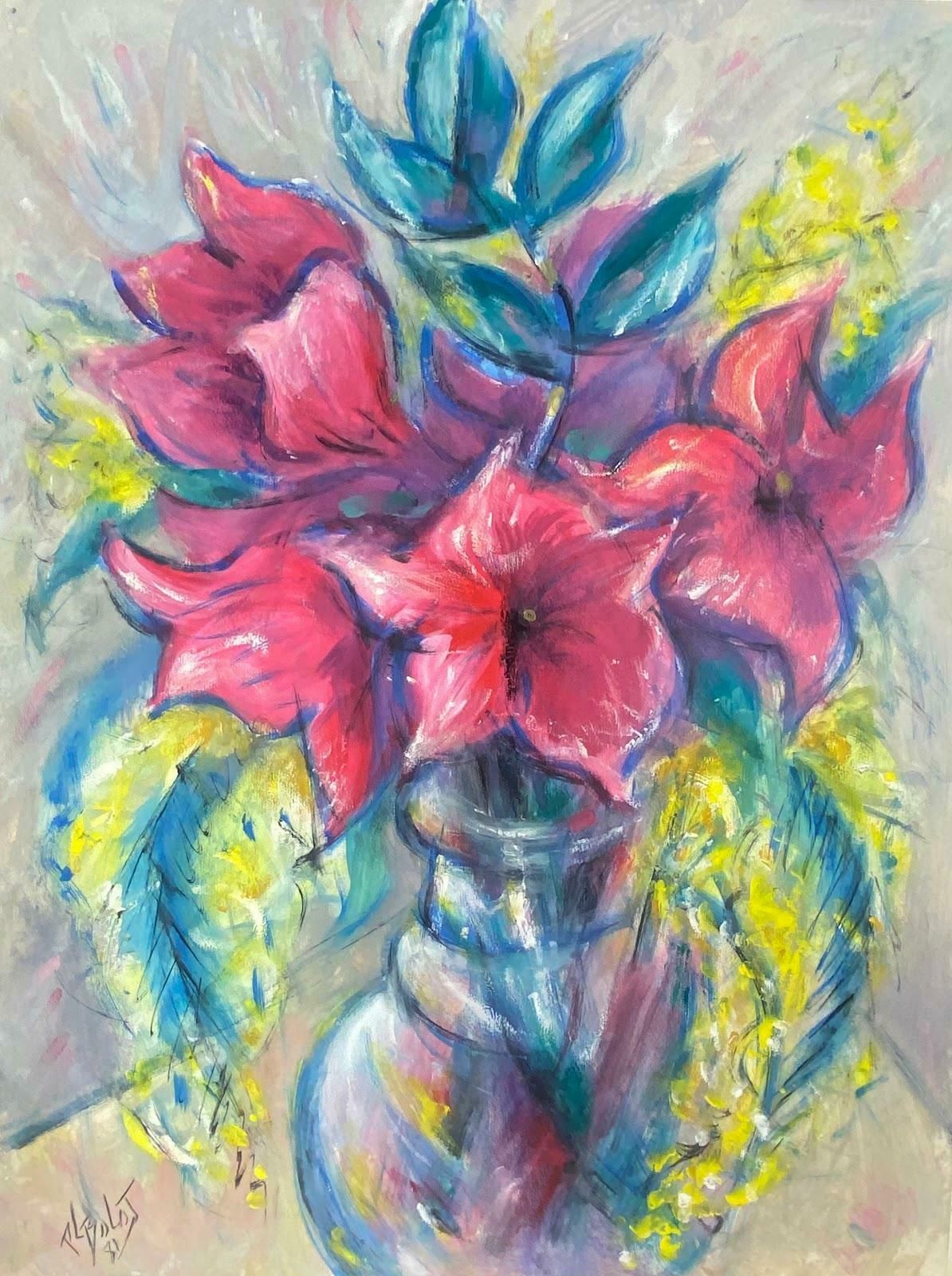 Paul Louis Bolot (French 1918 2003)French Modernist Painting Of Red Amaryllis Flowers In A Clear Vase 20th Century (1981)