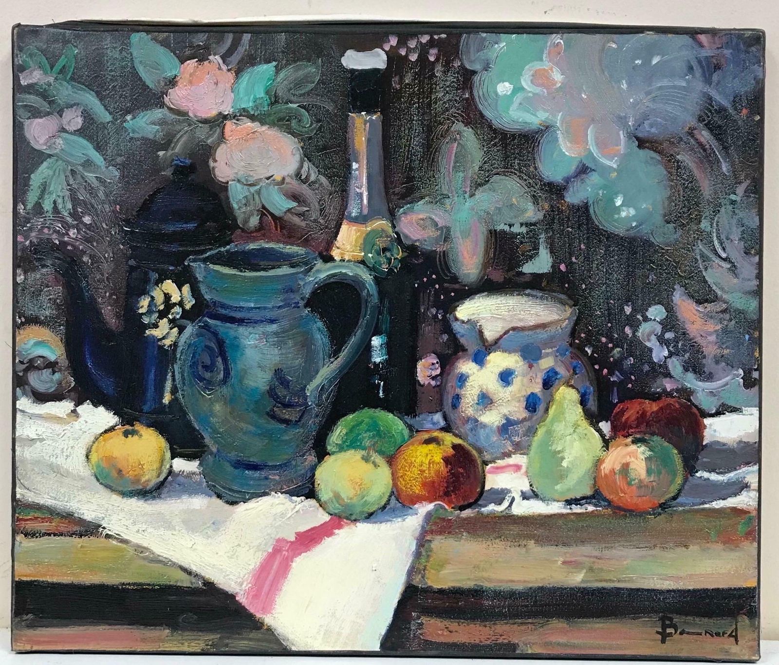 Guy Benardsuperb French Post Impressionist Signed Oil Still Life Fruit & Champagne photo furniture