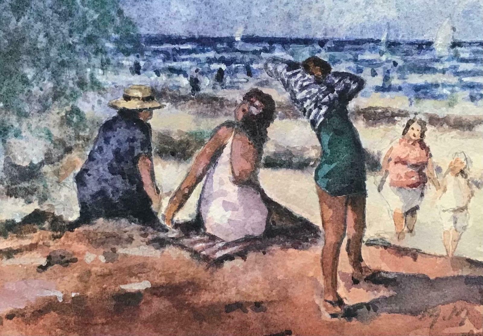 Maurice Mazeiliemaurice Mazeilie French Impressionist Watercolour  Sunbathing Scene At The Beach photo furniture