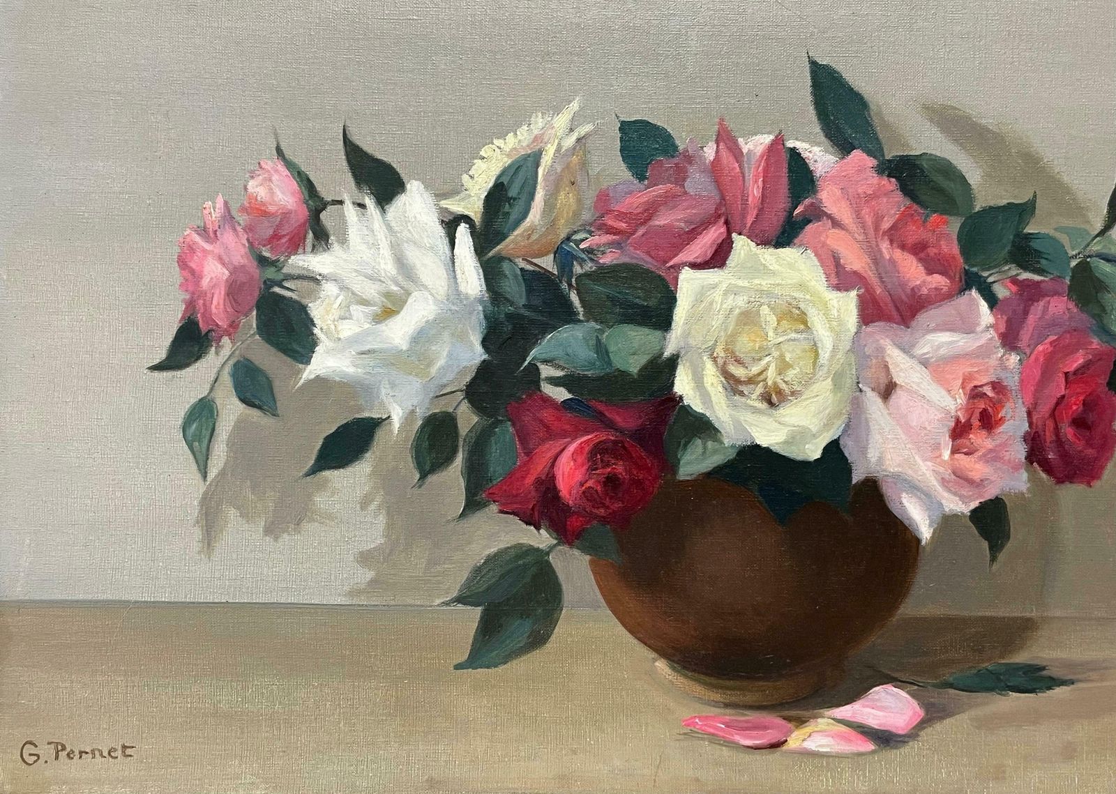G. Pernetlarge 20th Century French Impressionist Signed Oil   Beautiful Roses In Bowlc. 1960's photo 1377.0