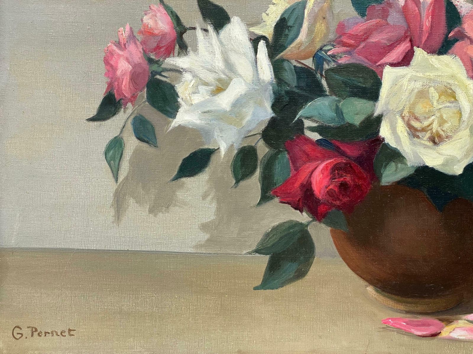 G. Pernetlarge 20th Century French Impressionist Signed Oil   Beautiful Roses In Bowlc. 1960's photo vintage