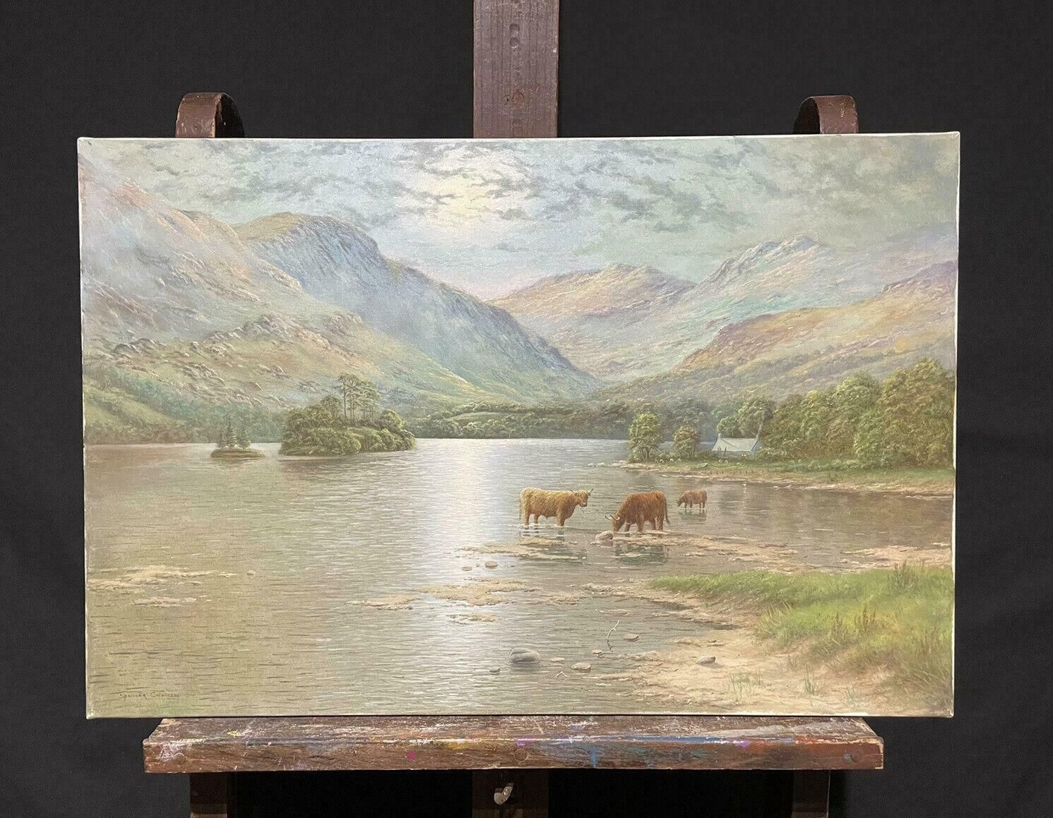 Spencer Colemanscottish Highlands Loch Scene With Cattle Watering Fading Sunset Light   Signedc. 1980's photo furniture