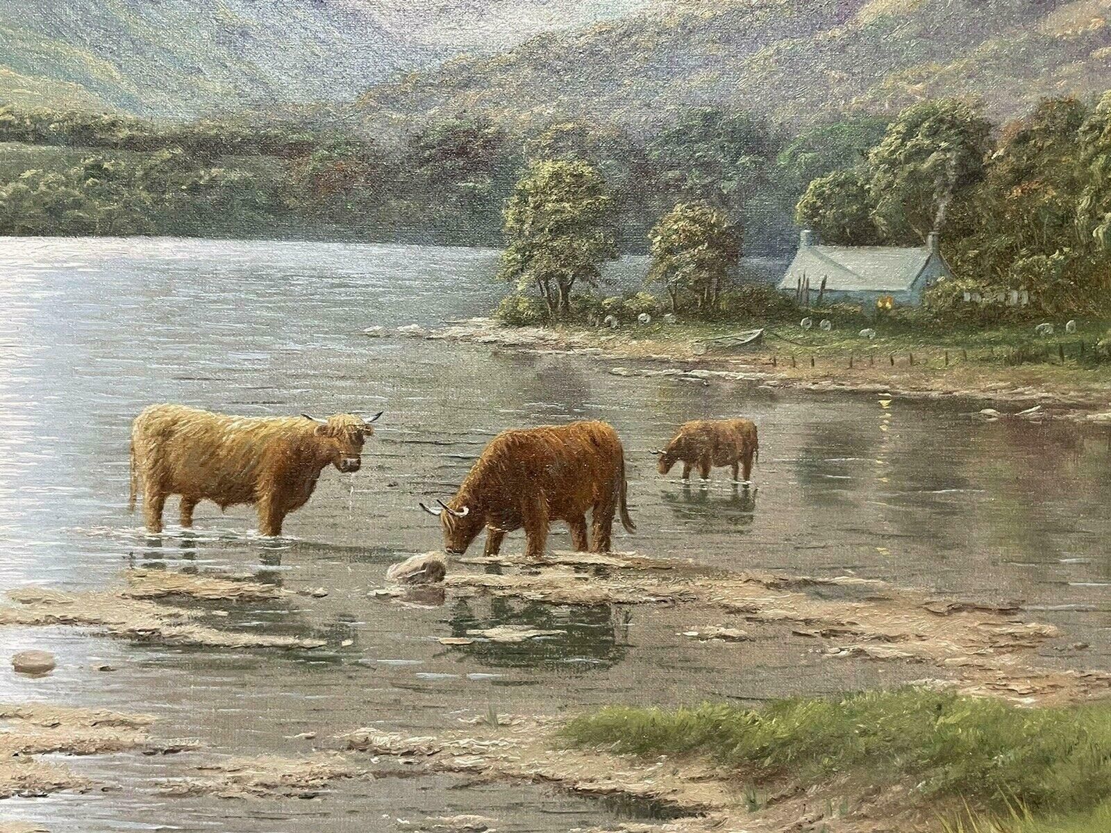Spencer Colemanscottish Highlands Loch Scene With Cattle Watering Fading Sunset Light   Signedc. 1980's photo Art
