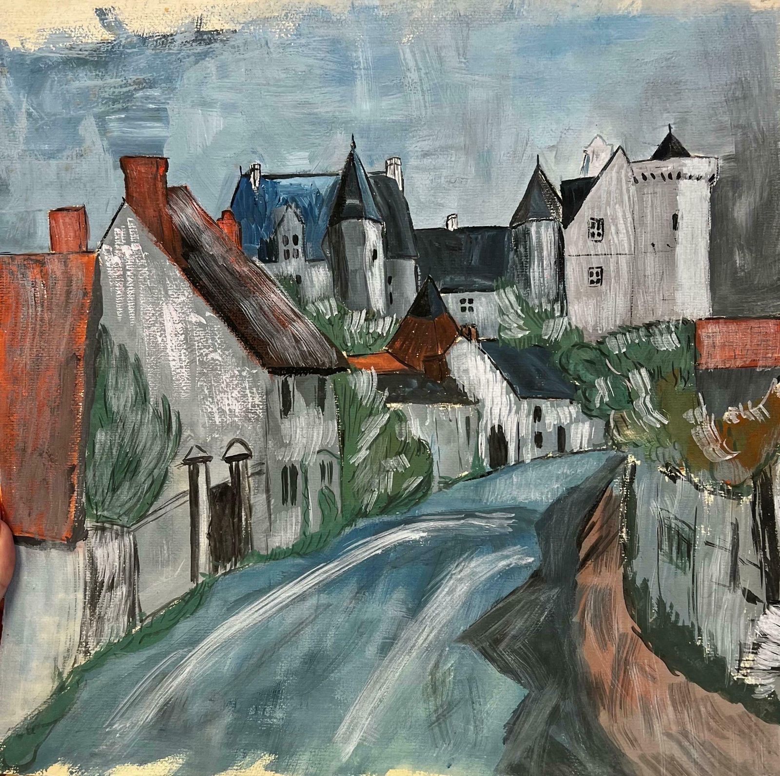 Bernard Labbe1950's Modernist/ Cubist Painting   Cloudy Town Landscape1950's