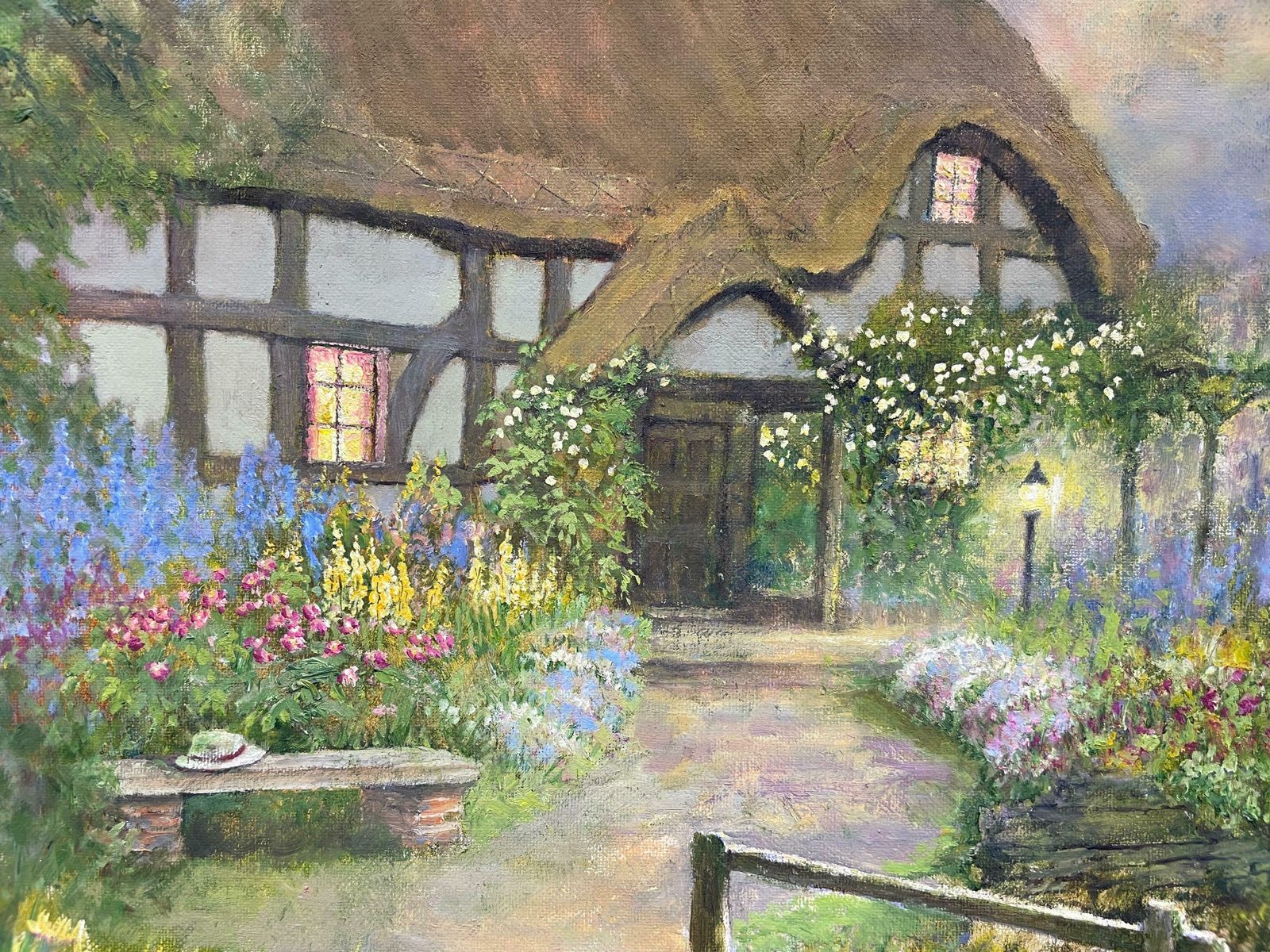 Norman Cokerlarge British Impressionist Oil Painting Country Cottage Flower Garden & Ducks photo vinterior