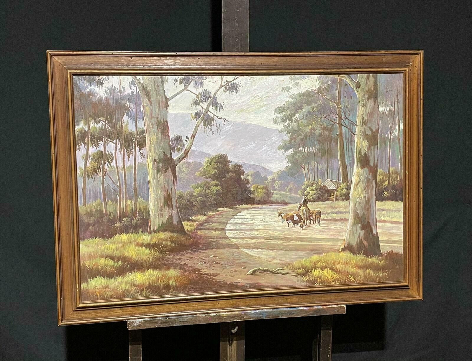 American Artistlarge American Signed Oil Painting   Cattle Herder On Horseback Wide Landscapec. 1970's photo furniture