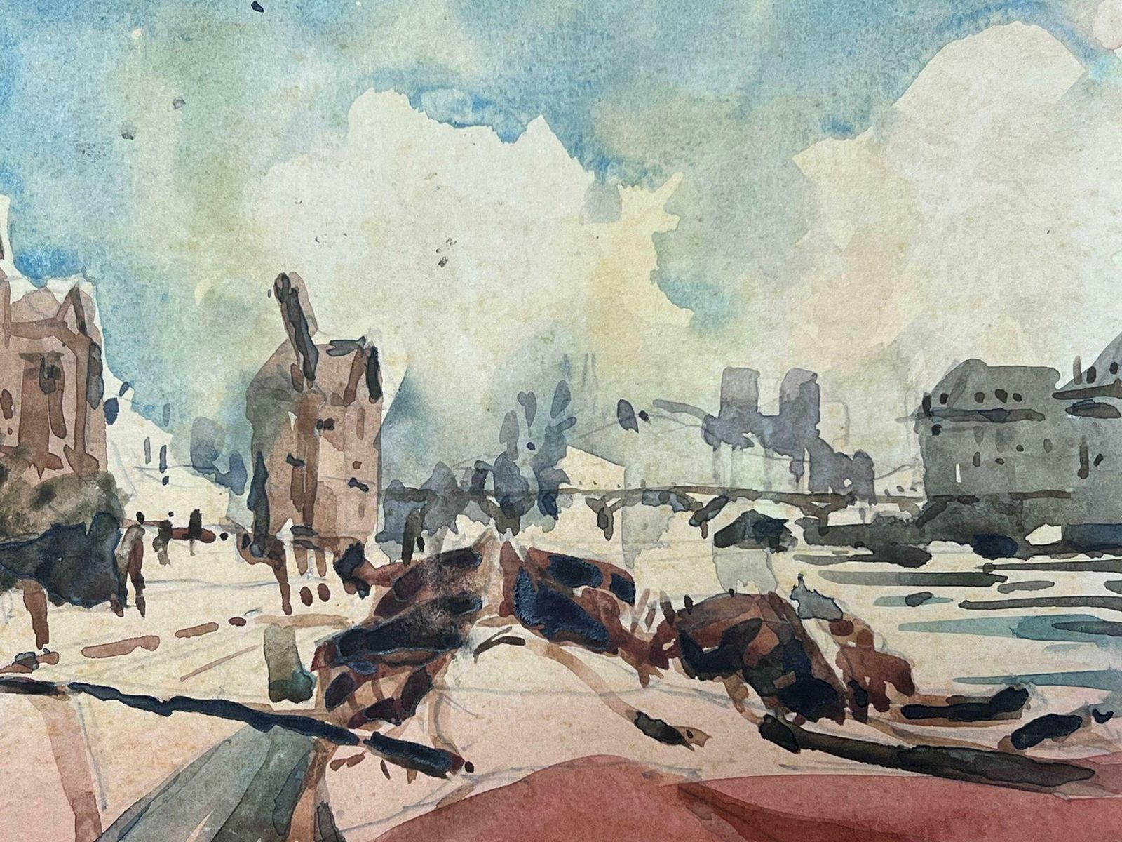 Maurice Mazeiliefrench Impressionist Watercolour Landscape Paris Boats On The River Seine photo for sale
