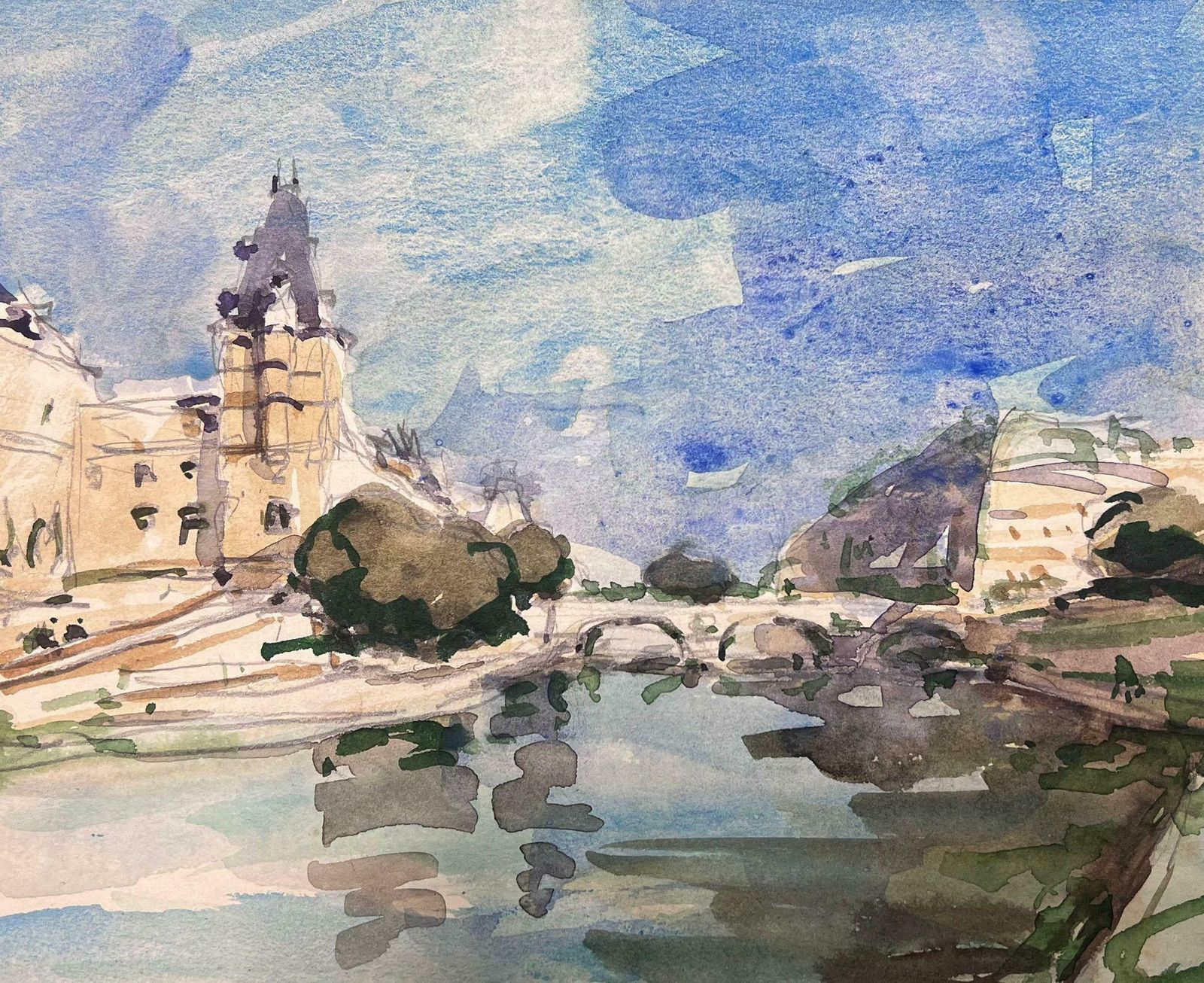 Maurice Mazeiliefrench Impressionist Watercolour Landscape The River Seine Paris