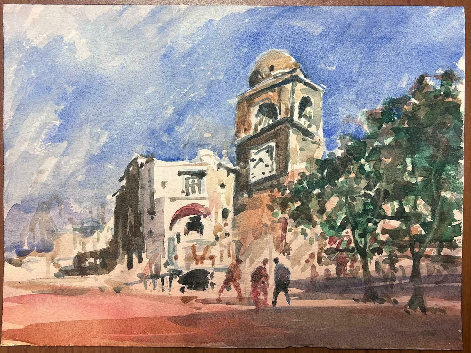 Maurice Mazeiliefrench Watercolour Landscape Clock Tower In A Quiet French Town photo furniture