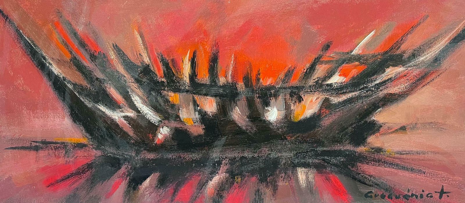 Gerard Guegueniatred And Orange Bonfire French Abstract Expressionist Signed Oil