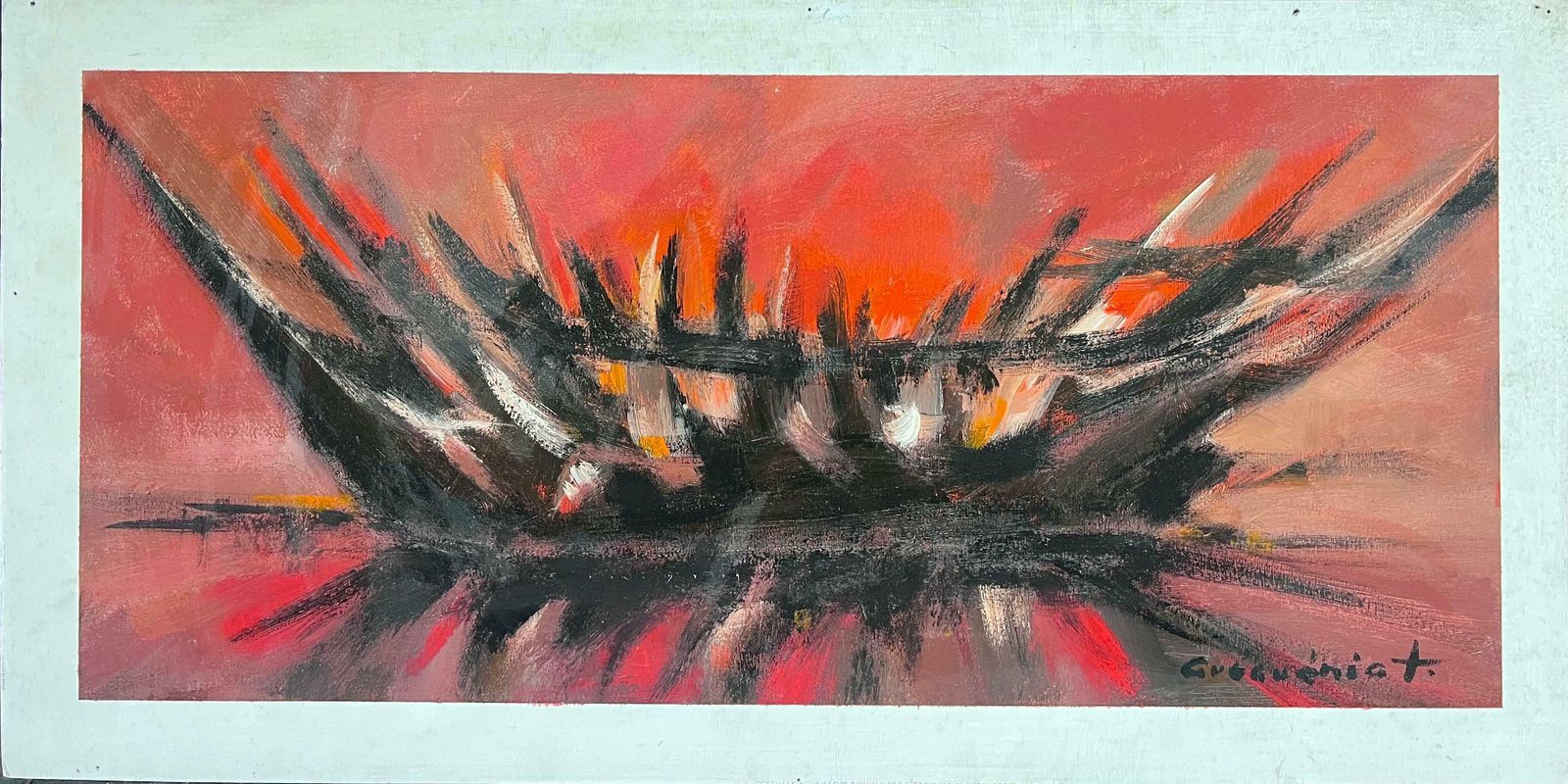 Gerard Guegueniatred And Orange Bonfire French Abstract Expressionist Signed Oil photo furniture