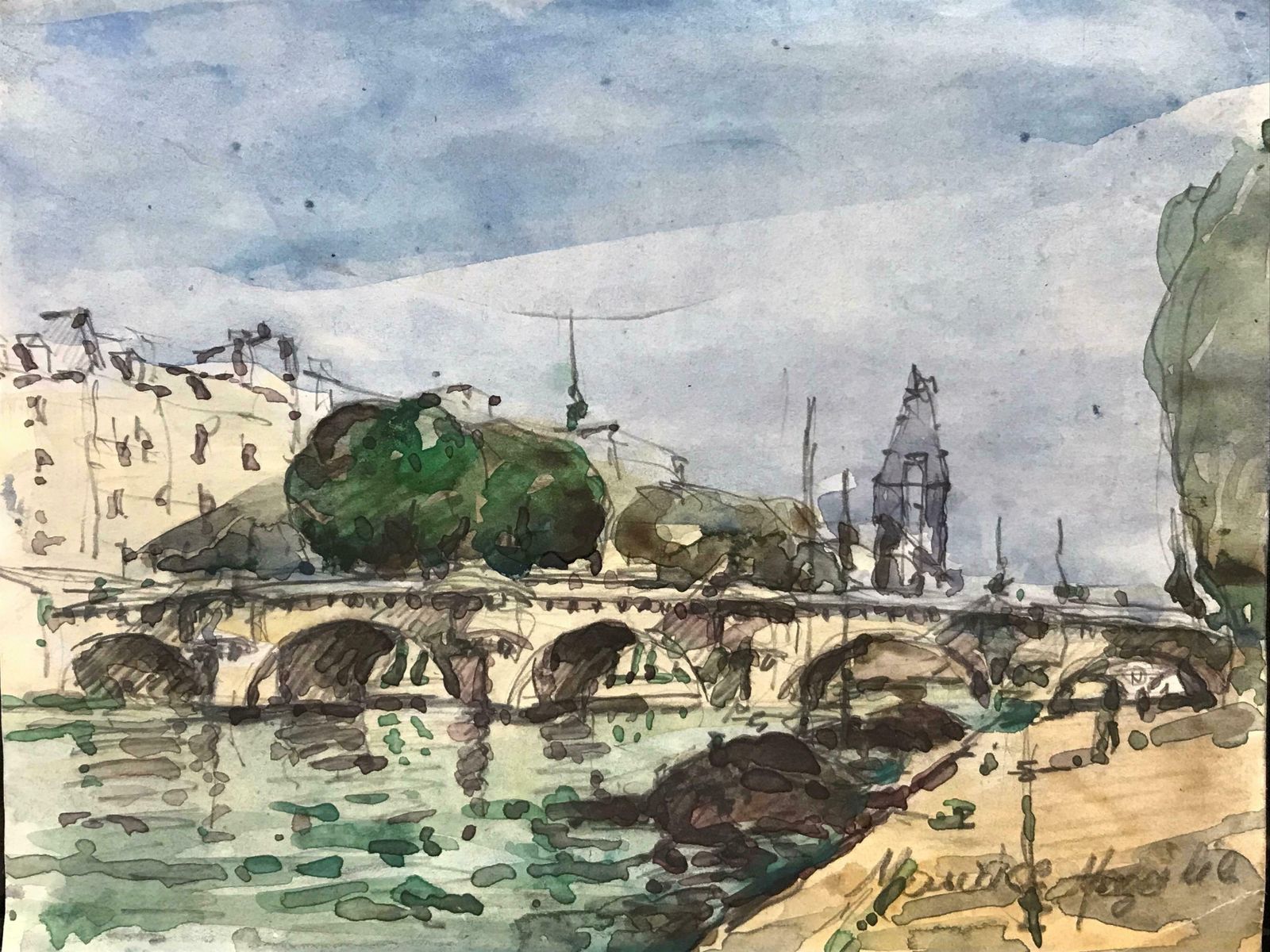 Maurice Mazeiliemaurice Mazeilie French Impressionist Watercolour   Paris Bridge Landscape photo furniture