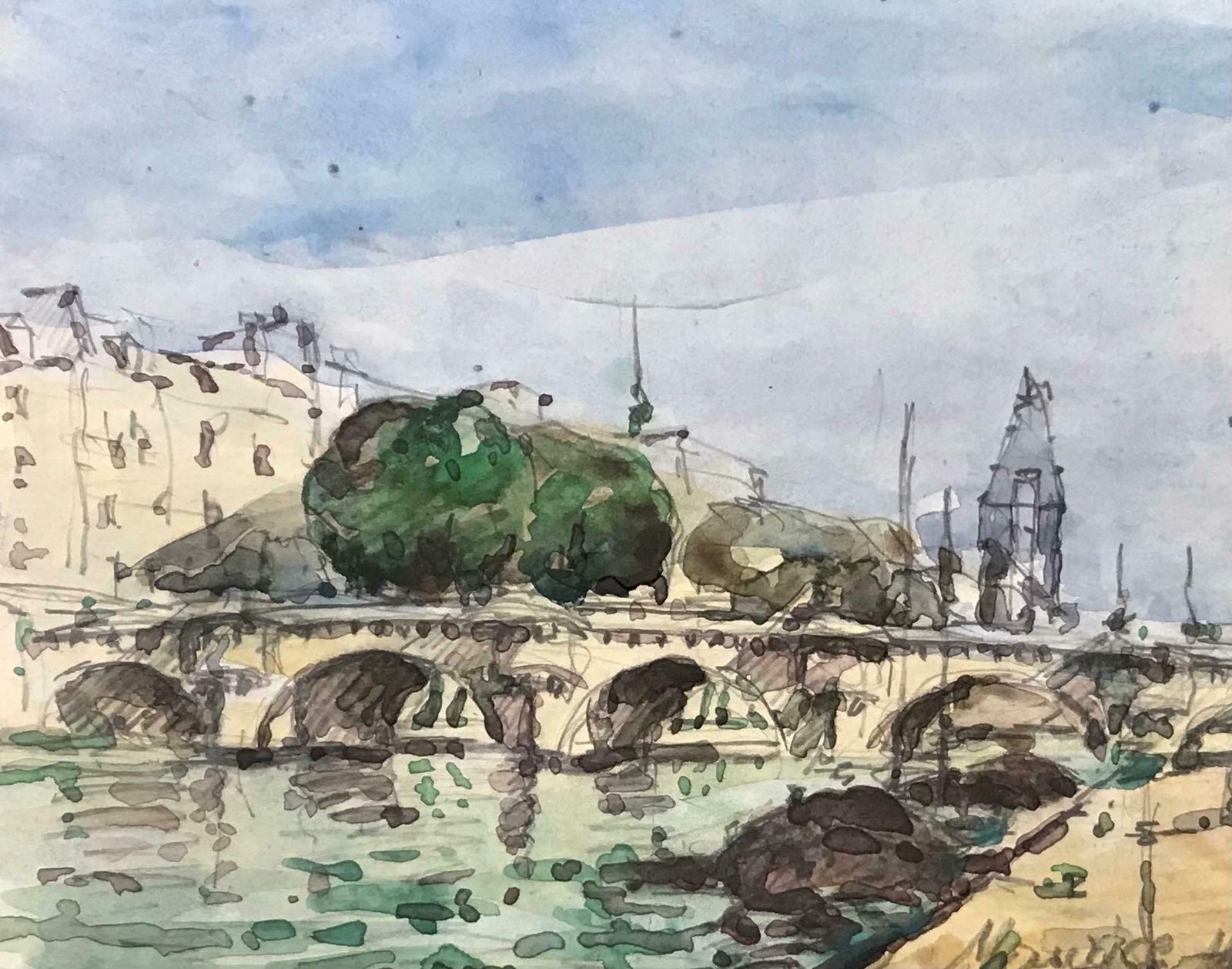 Maurice Mazeiliemaurice Mazeilie French Impressionist Watercolour   Paris Bridge Landscape photo for sale