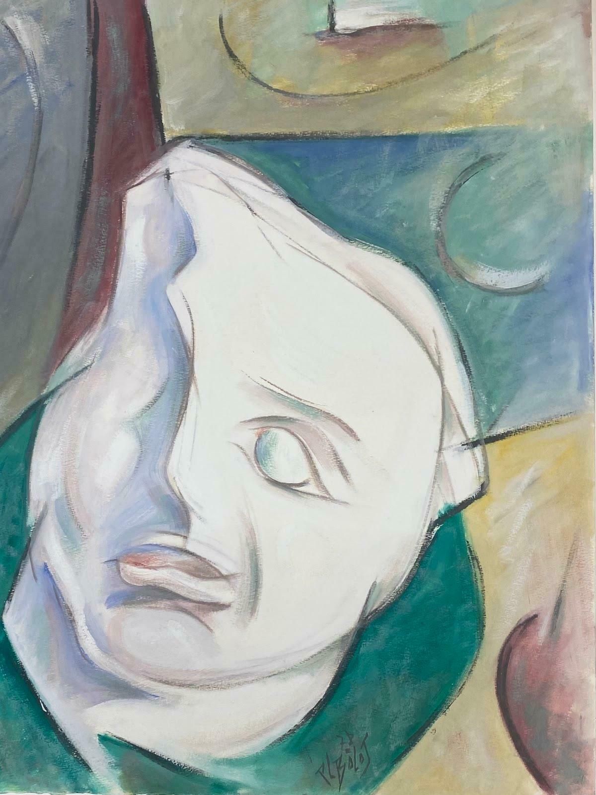 Unknown20th Century French Modernist Gouache Painting White Half Visage Character 1978 photo furniture
