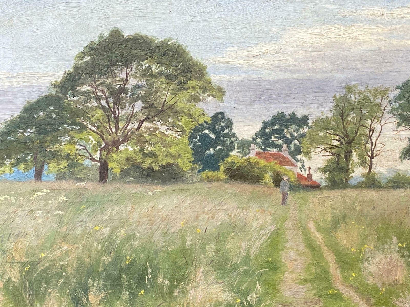 French Impressionist Impressionist Antique Painting   Figure In A Beautiful Open Field Track photo for sale