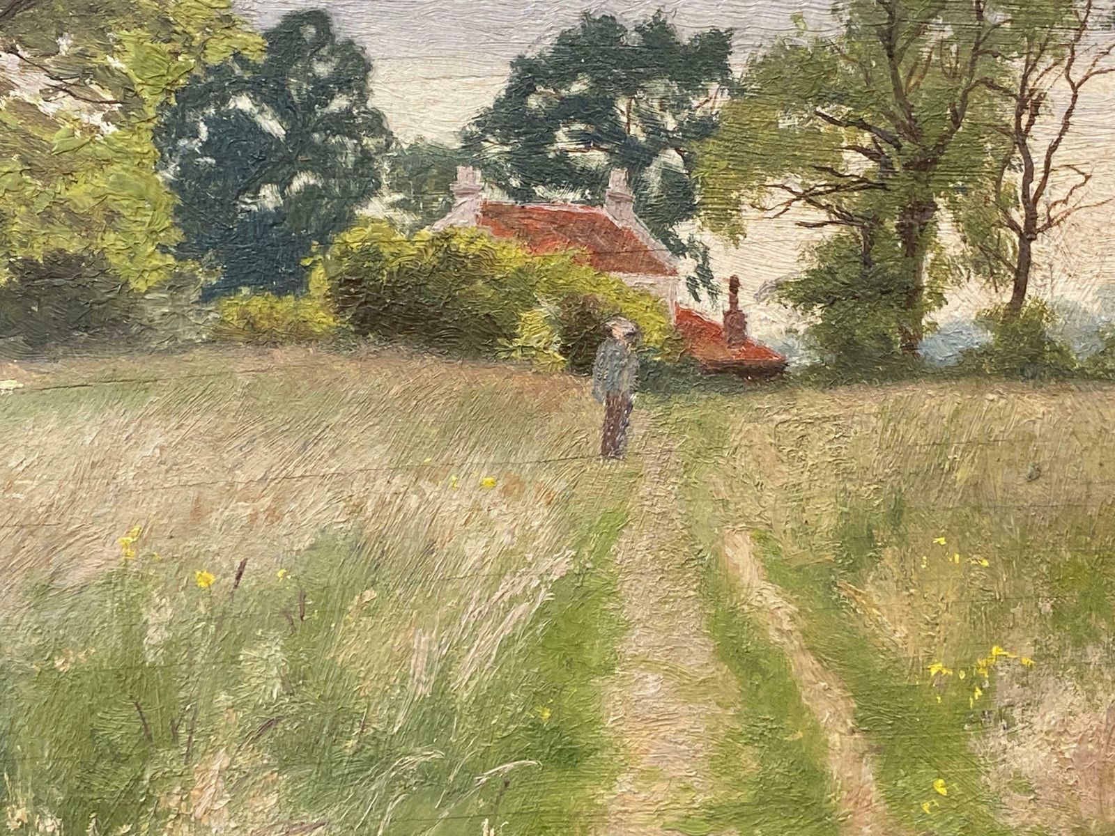 French Impressionist Impressionist Antique Painting   Figure In A Beautiful Open Field Track photo vinterior