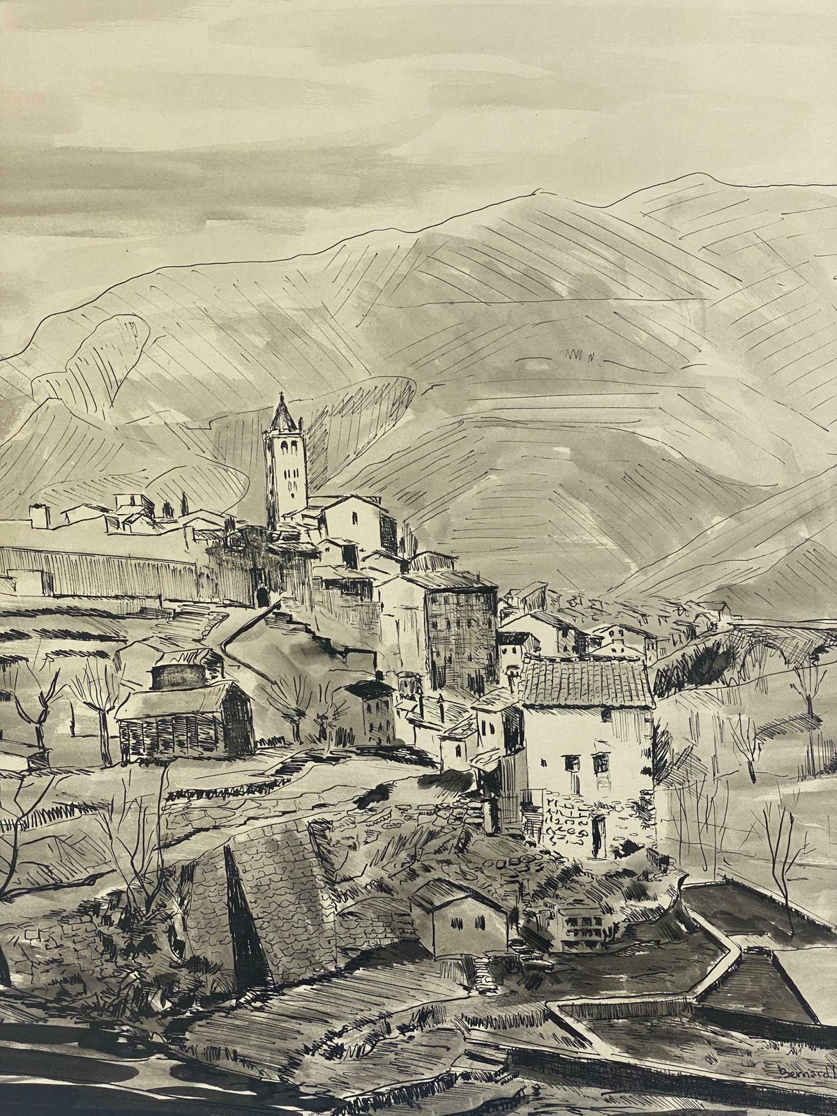 Bernard Labbe1950's Modernist/ Cubist Painting   Black & White French Landscape1950's