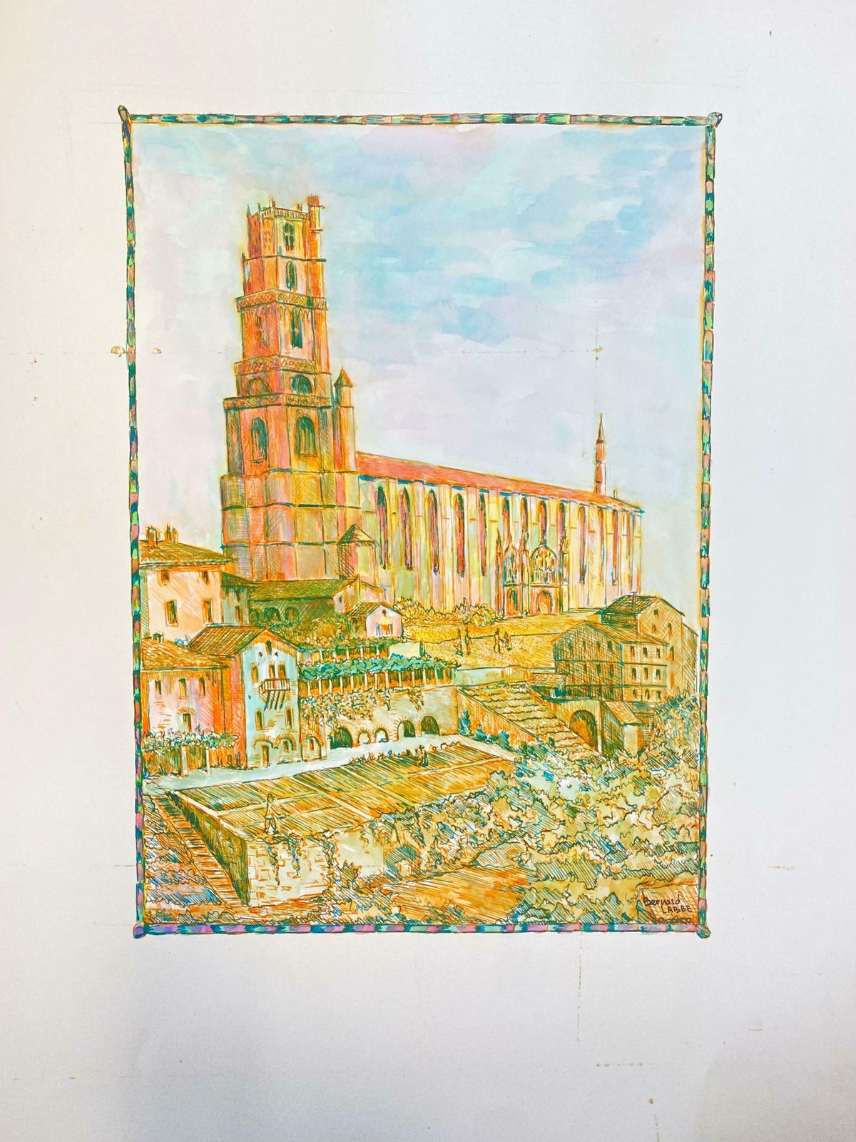 Bernard Labbe1950's Modernist/ Cubist Painting  Orange & Pink French Cathedral Landscape1950's