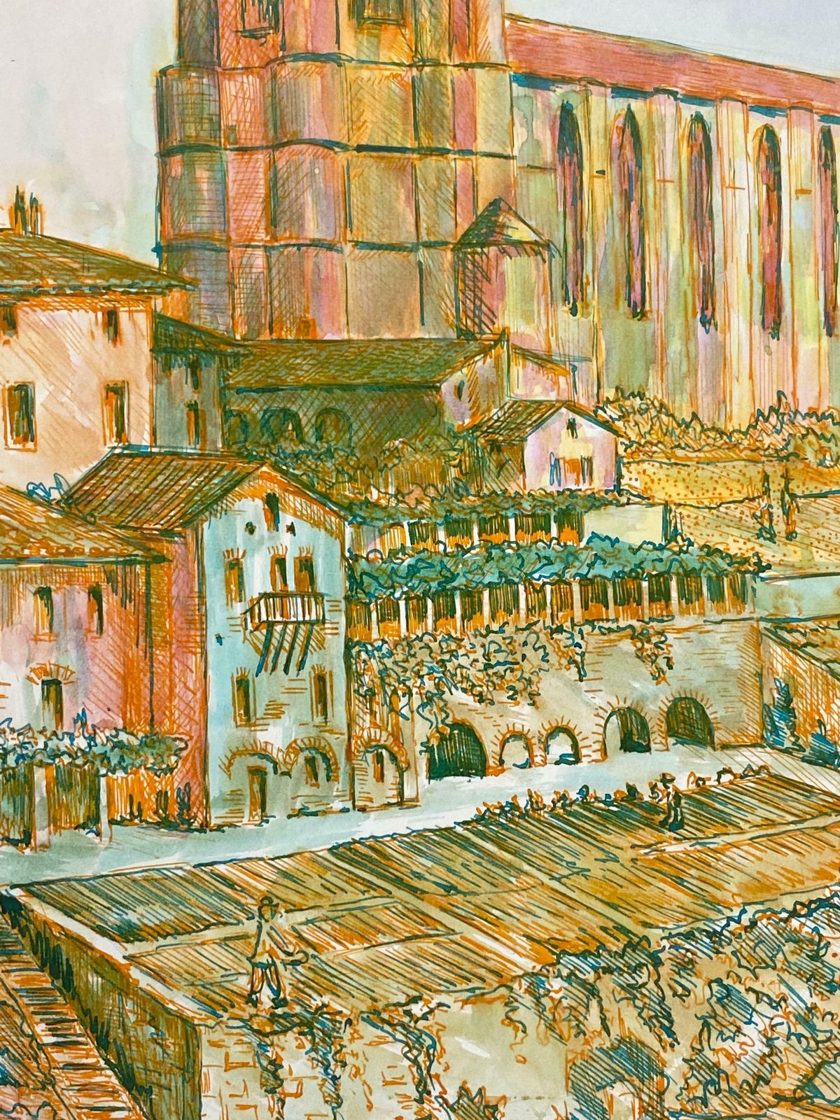 Bernard Labbe1950's Modernist/ Cubist Painting  Orange & Pink French Cathedral Landscape1950's photo for sale