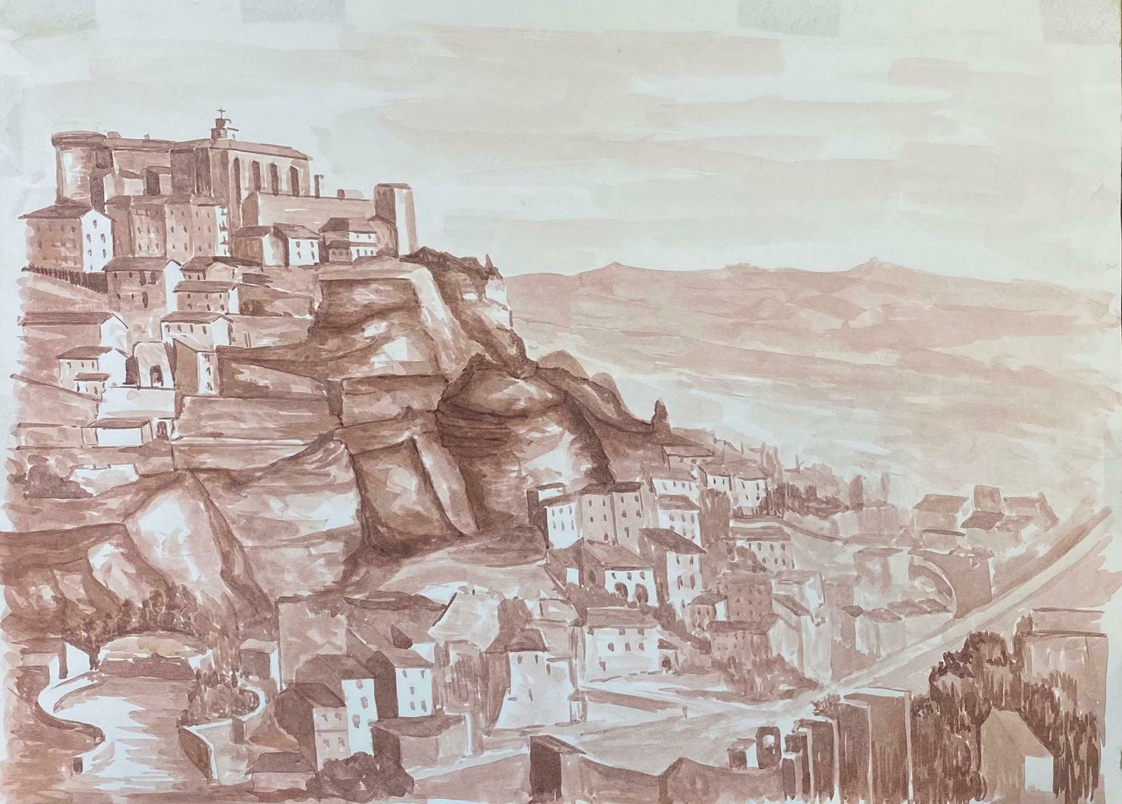 Bernard Labbe1950's French Modernist/ Cubist Painting   Sepia Provence Landscape1950's