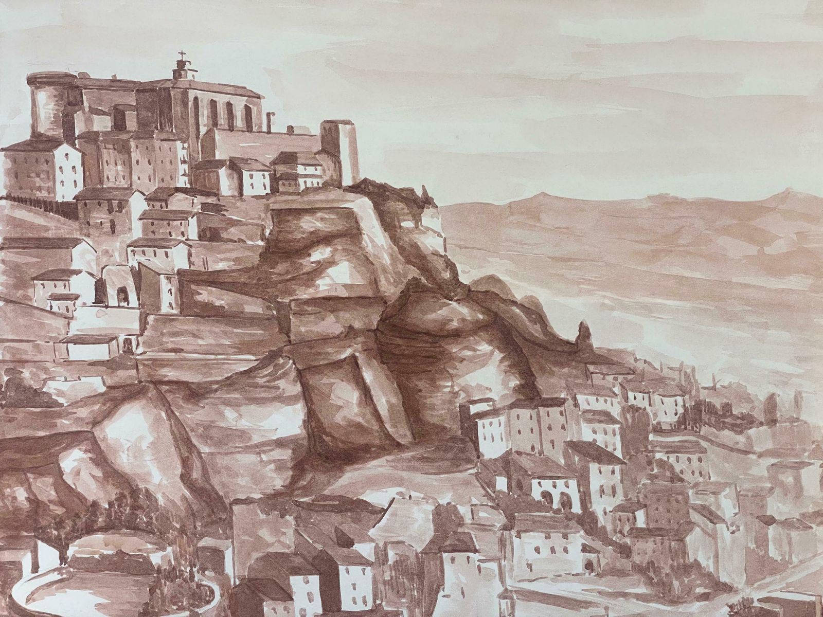 Bernard Labbe1950's French Modernist/ Cubist Painting   Sepia Provence Landscape1950's photo for sale