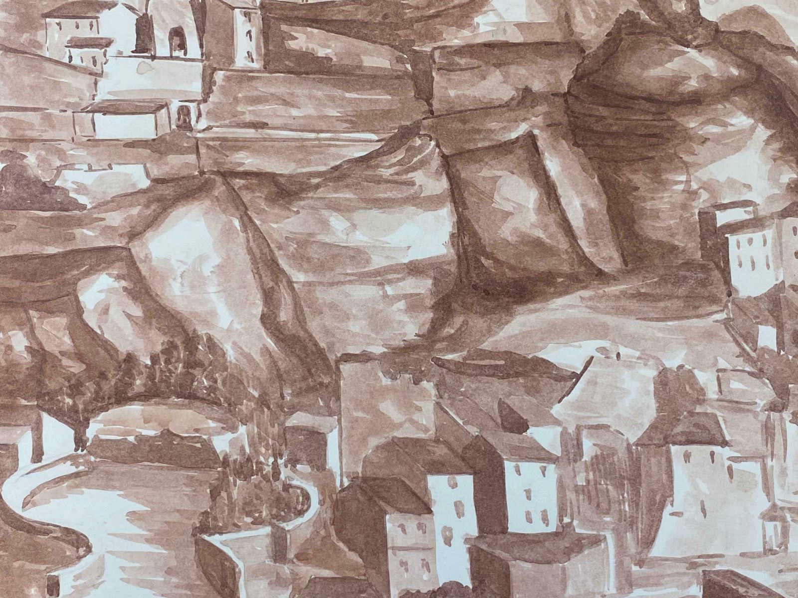 Bernard Labbe1950's French Modernist/ Cubist Painting   Sepia Provence Landscape1950's photo Art