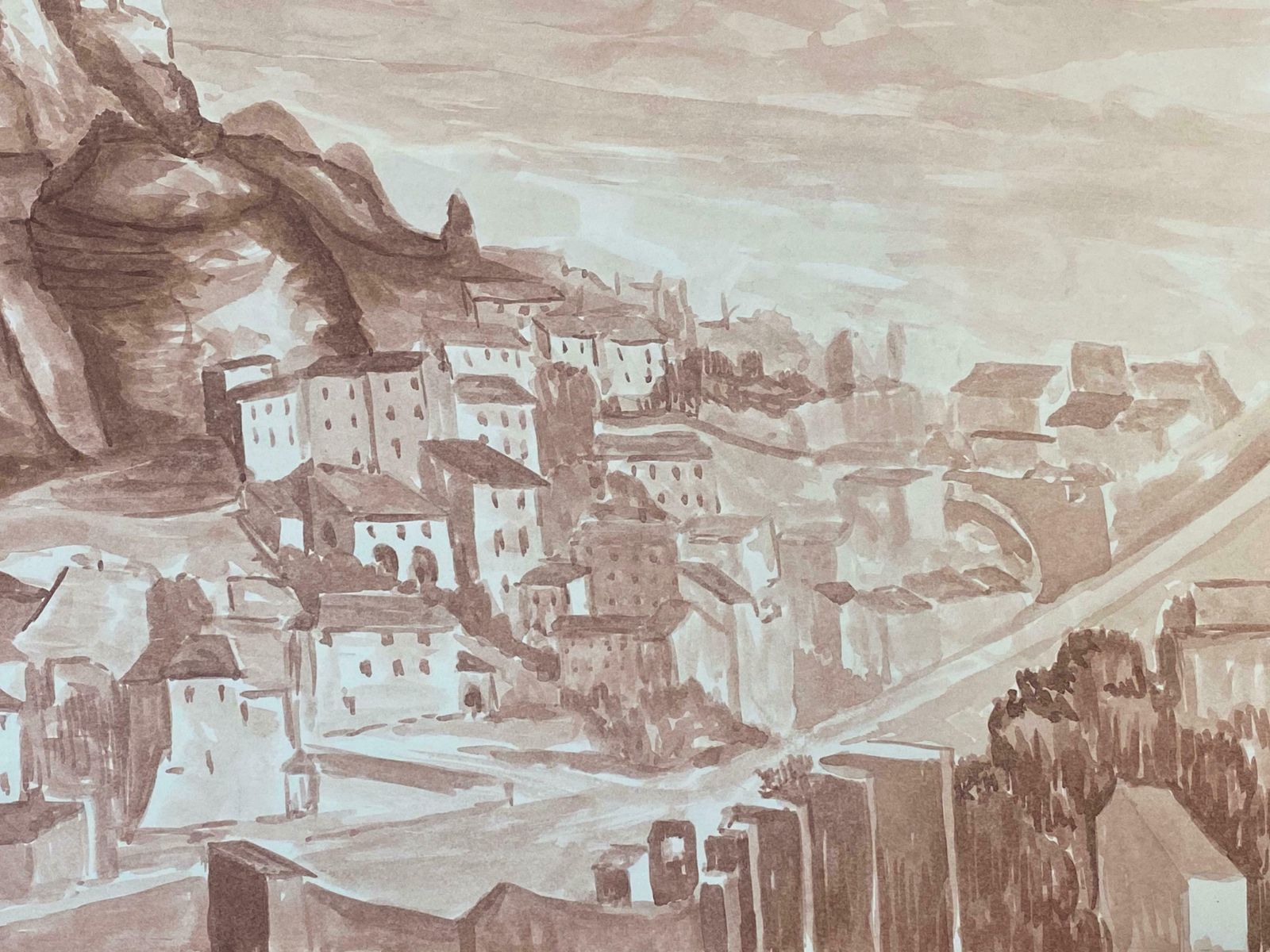 Bernard Labbe1950's French Modernist/ Cubist Painting   Sepia Provence Landscape1950's photo vinterior