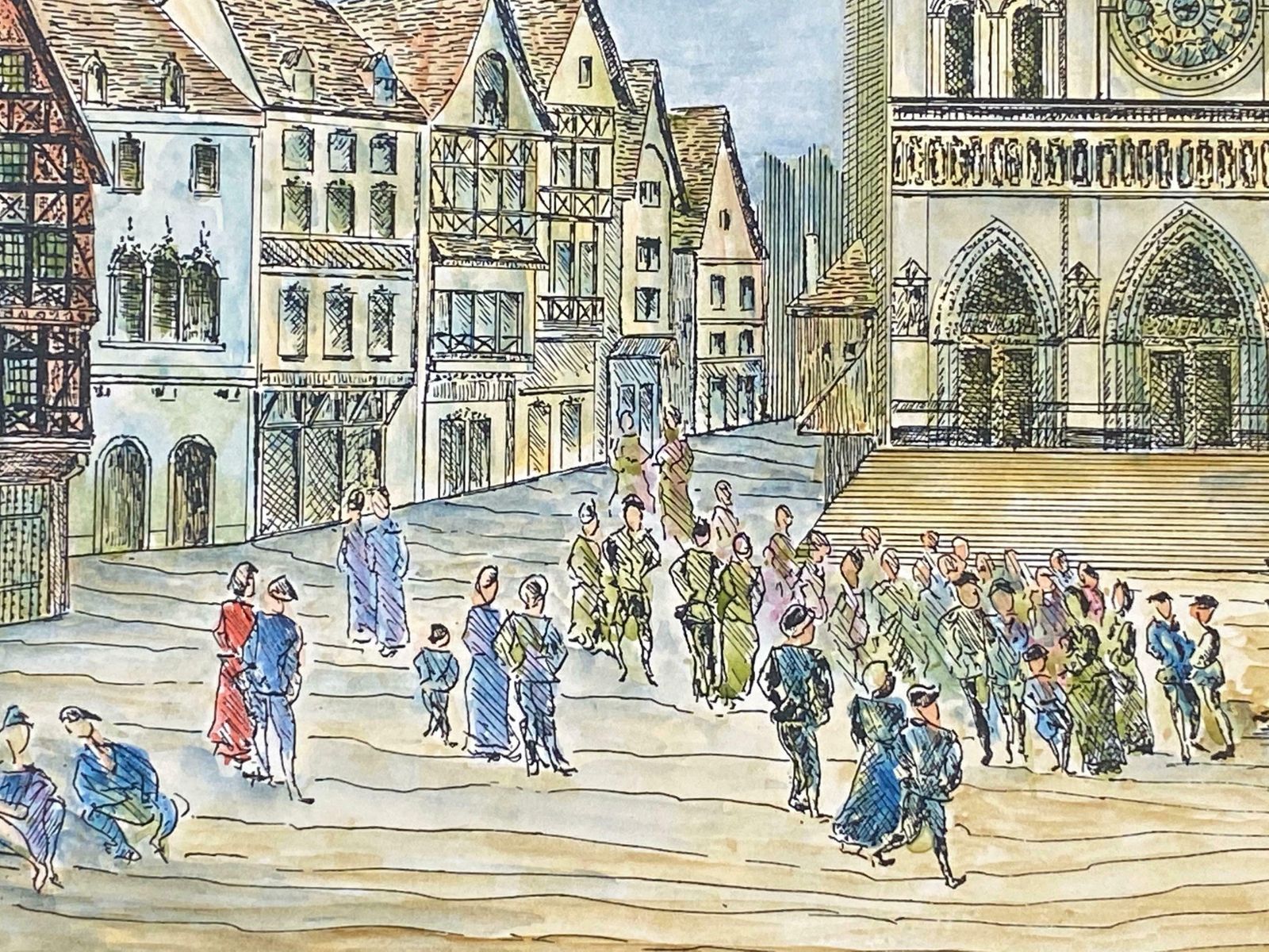 Bernard Labbe1950's French Modernist/ Cubist Painting   Detailed French Town Square1950's photo vinterior
