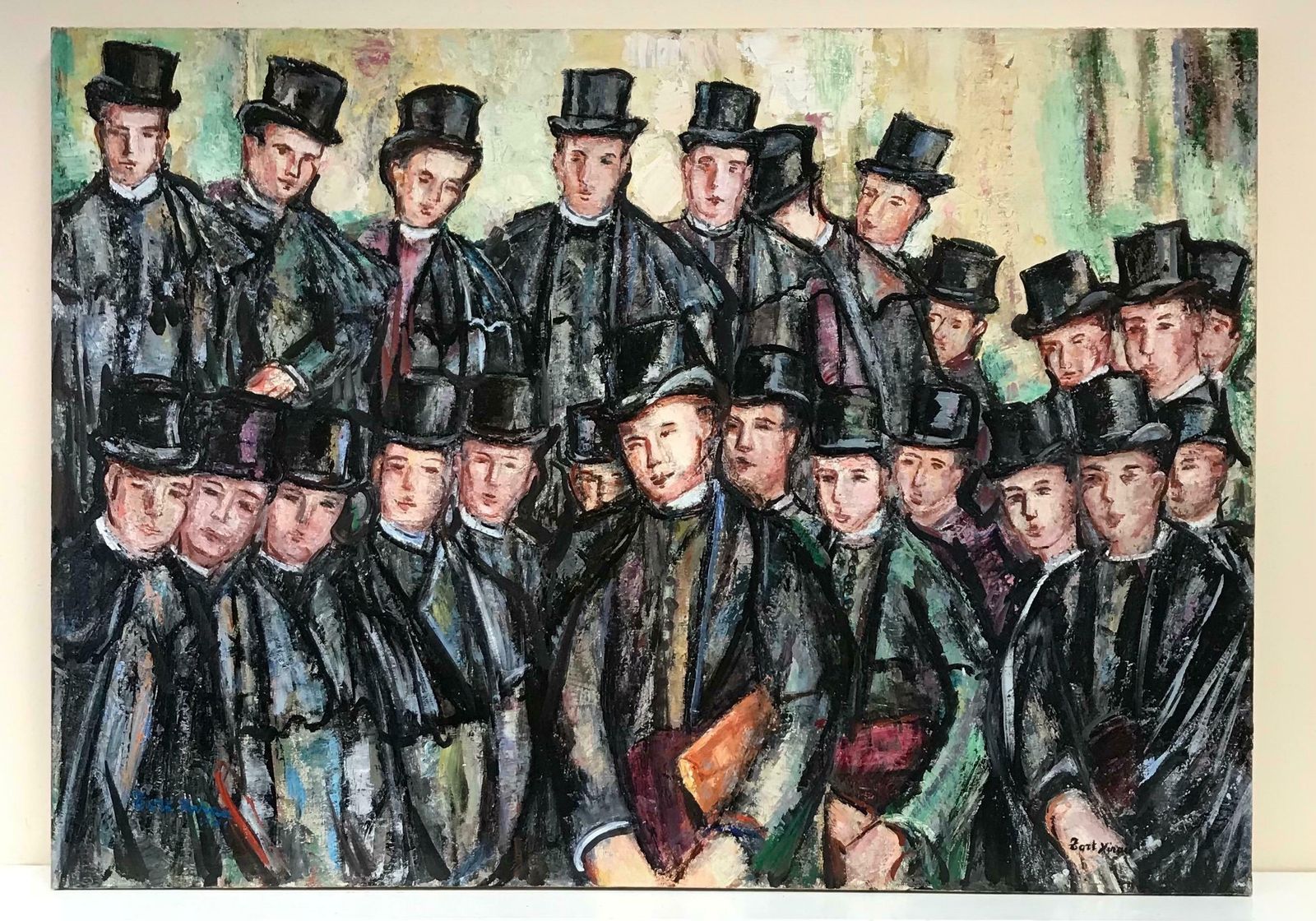 Maria Tort Xirauvictorian School Boys In Top Hats, Signed Original Huge Oil Painting photo furniture